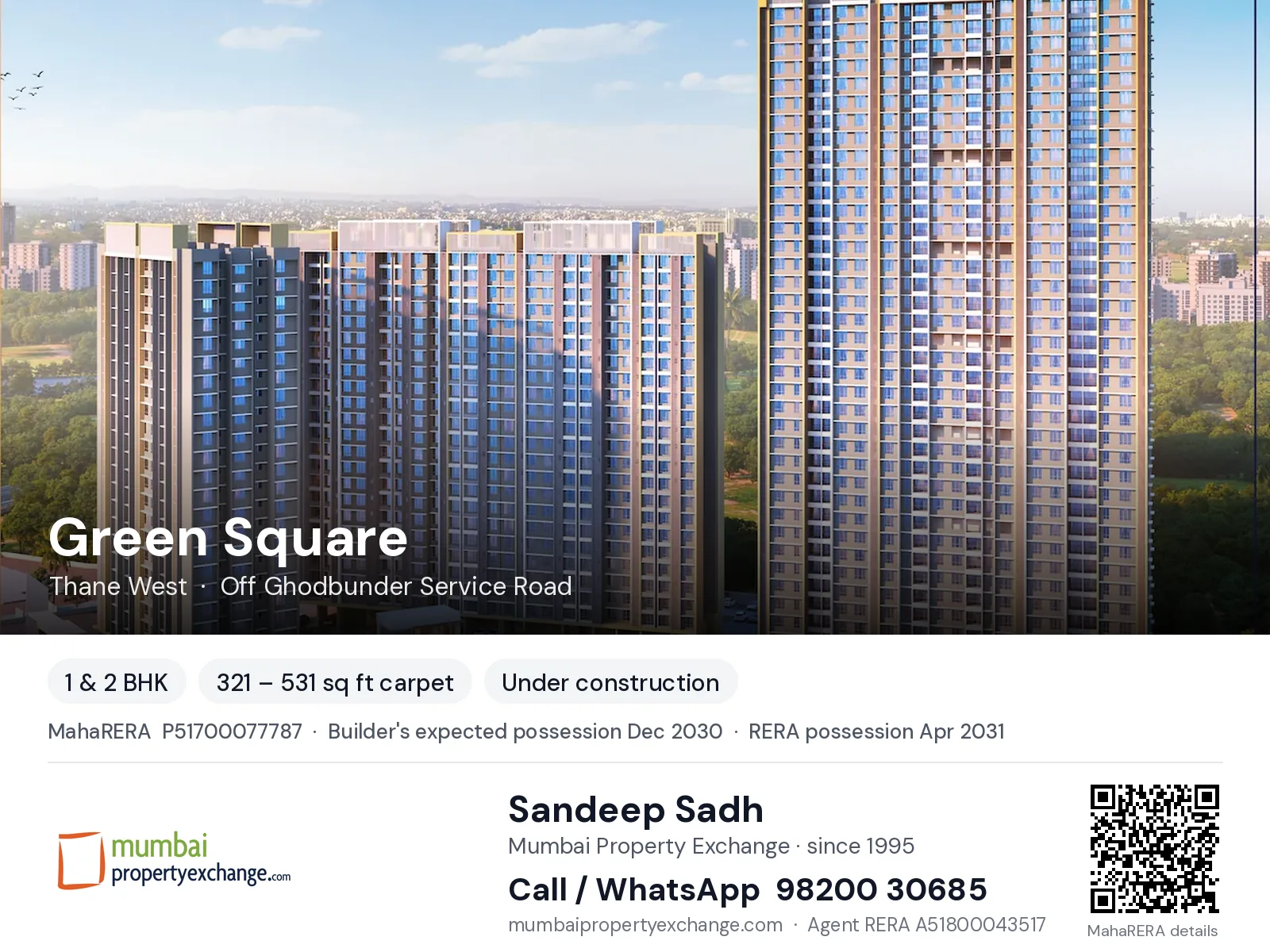 Green Square by Squarefeet, Thane West — 1 & 2 BHK new project, builder's expected possession Dec 2030, RERA possession Apr 2031 | Mumbai Property Exchange, Sandeep Sadh 98200 30685