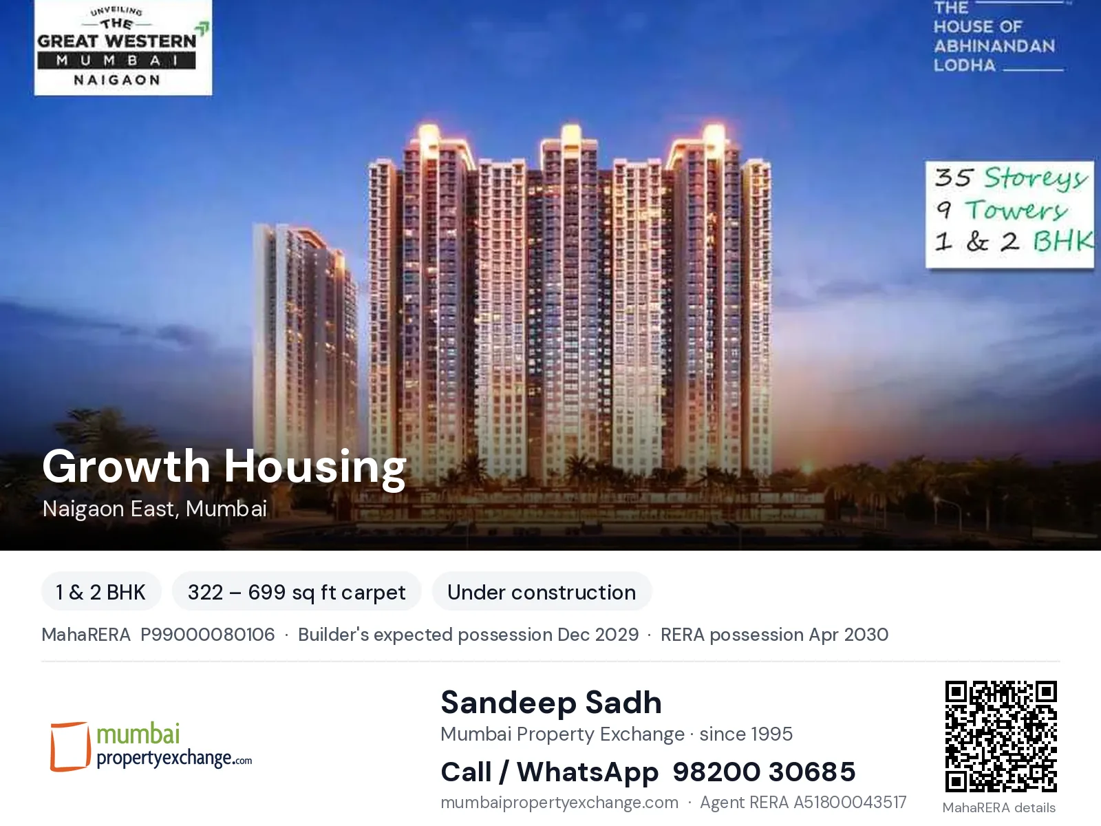 Growth Housing by House Abhinandan lodha, Naigaon East, Mumbai — 1 & 2 BHK new project, builder's expected possession Dec 2029, RERA possession Apr 2030 | Mumbai Property Exchange, Sandeep Sadh 98200 30685