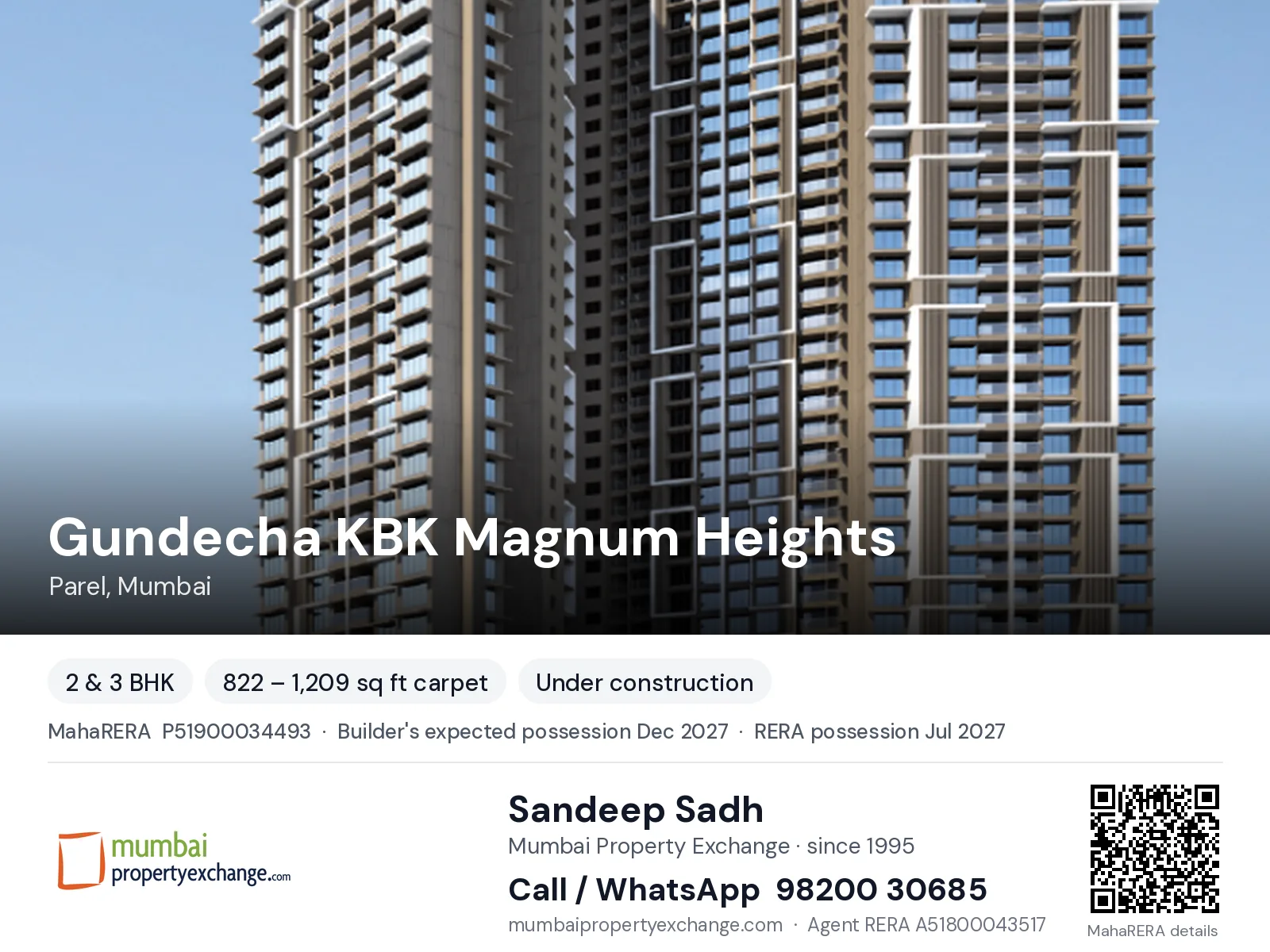 Gundecha KBK Magnum Heights, Parel, Mumbai — 2 & 3 BHK new project, builder's expected possession Dec 2027, RERA possession Jul 2027 | Mumbai Property Exchange, Sandeep Sadh 98200 30685