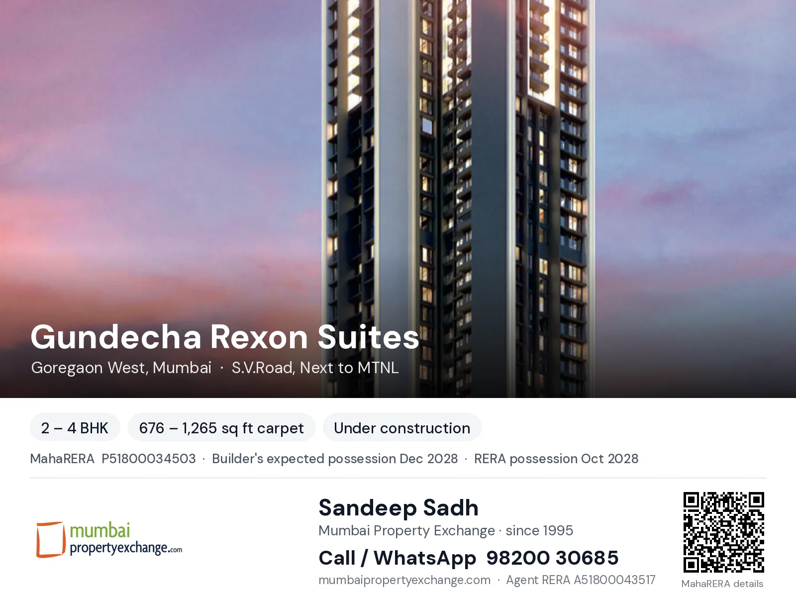 Gundecha Rexon Suites, Goregaon West, Mumbai — 2 – 4 BHK new project, builder's expected possession Dec 2028, RERA possession Oct 2028 | Mumbai Property Exchange, Sandeep Sadh 98200 30685