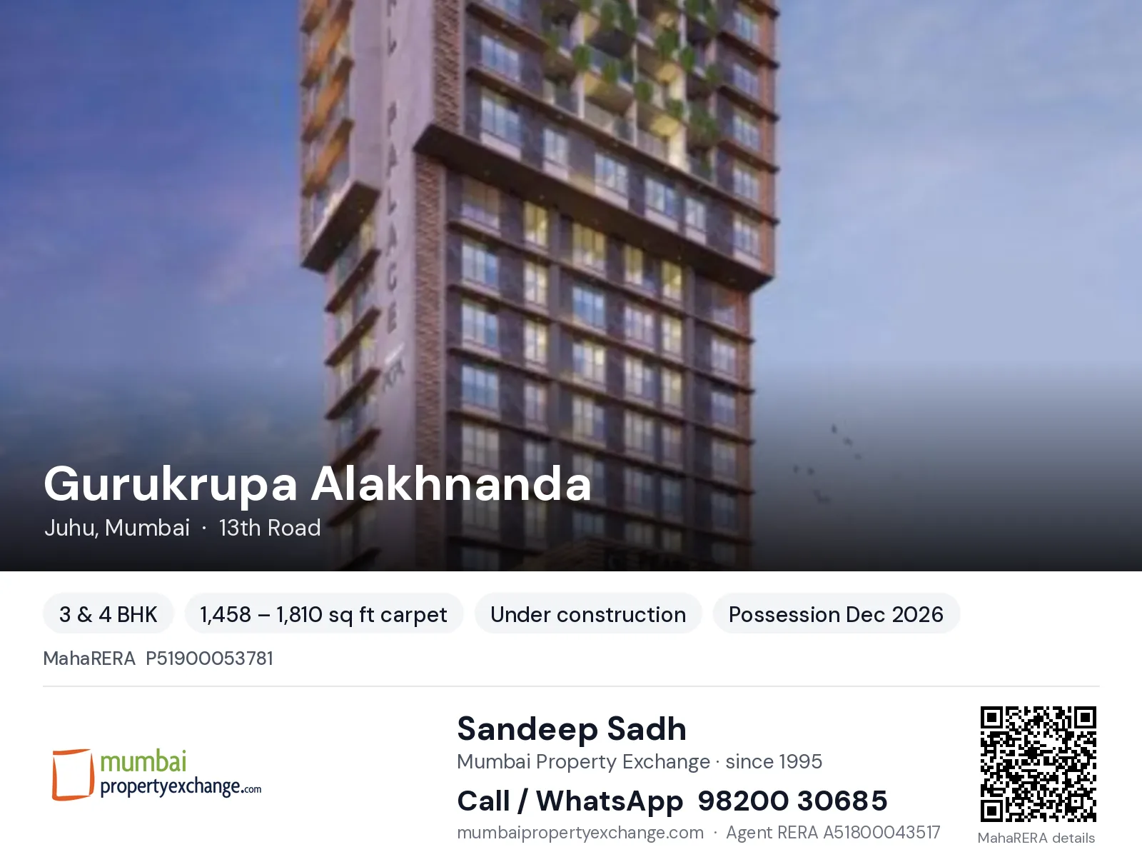 Gurukrupa Alakhnanda, Juhu, Mumbai — 3 & 4 BHK new project, possession Dec 2026 | Mumbai Property Exchange, Sandeep Sadh 98200 30685