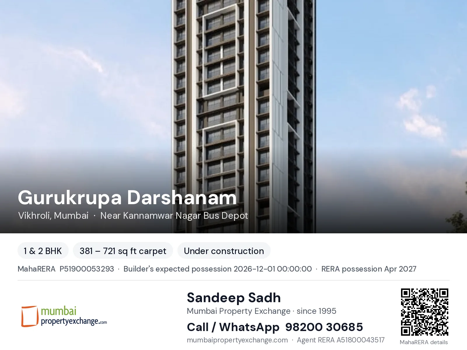 Gurukrupa Darshanam, Vikhroli, Mumbai — 1 & 2 BHK new project, builder's expected possession 2026-12-01 00:00:00, RERA possession Apr 2027 | Mumbai Property Exchange, Sandeep Sadh 98200 30685