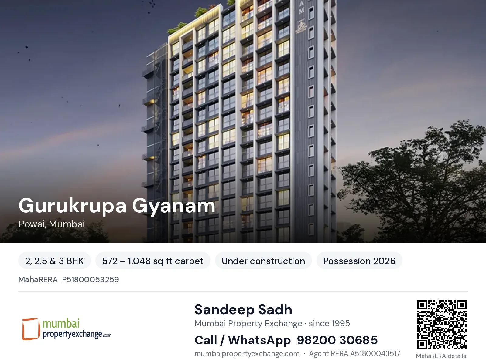 Gurukrupa Gyanam, Powai, Mumbai — 2, 2.5 & 3 BHK new project, possession 2026 | Mumbai Property Exchange, Sandeep Sadh 98200 30685