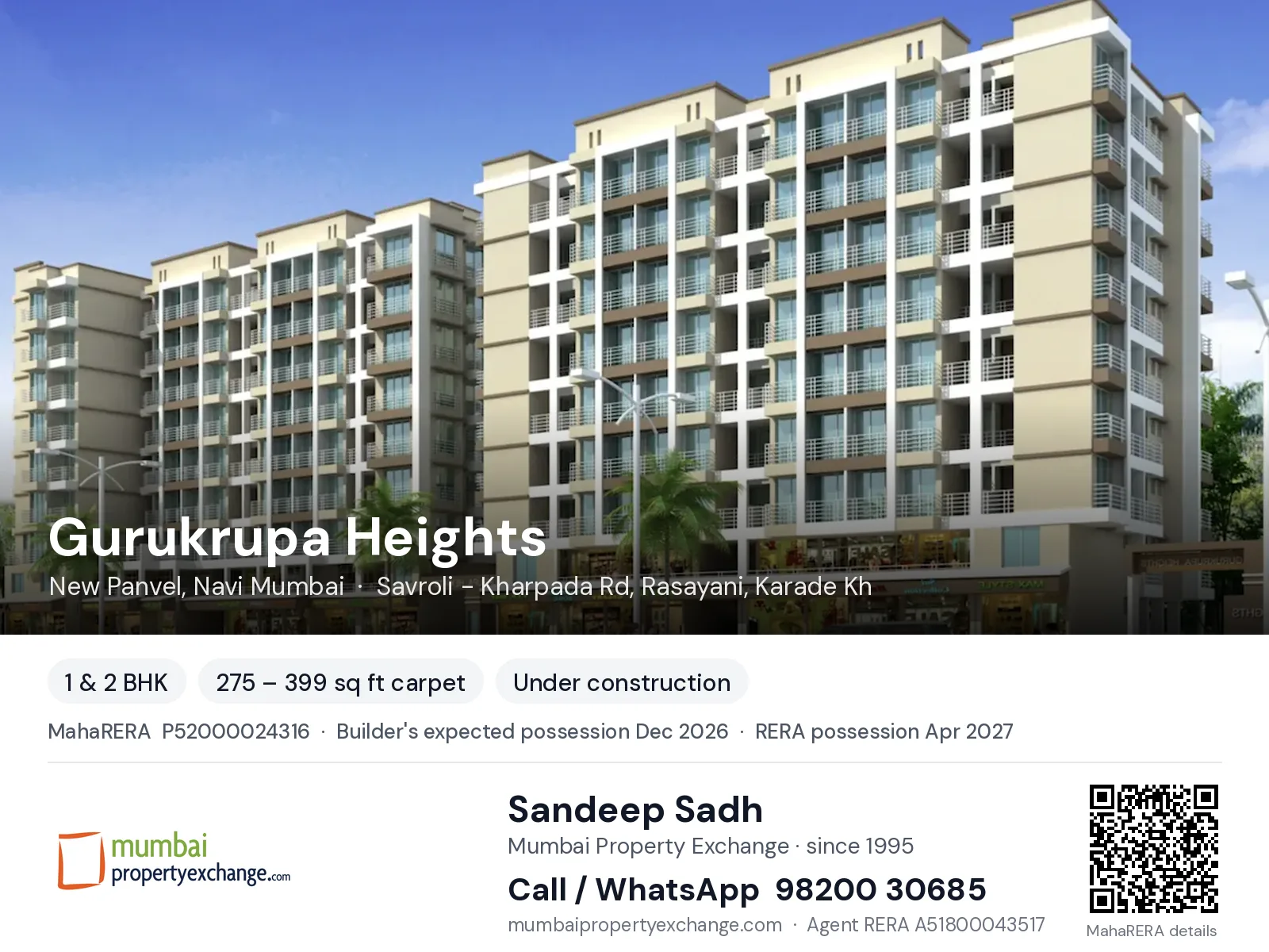 Gurukrupa Heights by Emperia, New Panvel, Navi Mumbai — 1 & 2 BHK new project, builder's expected possession Dec 2026, RERA possession Apr 2027 | Mumbai Property Exchange, Sandeep Sadh 98200 30685
