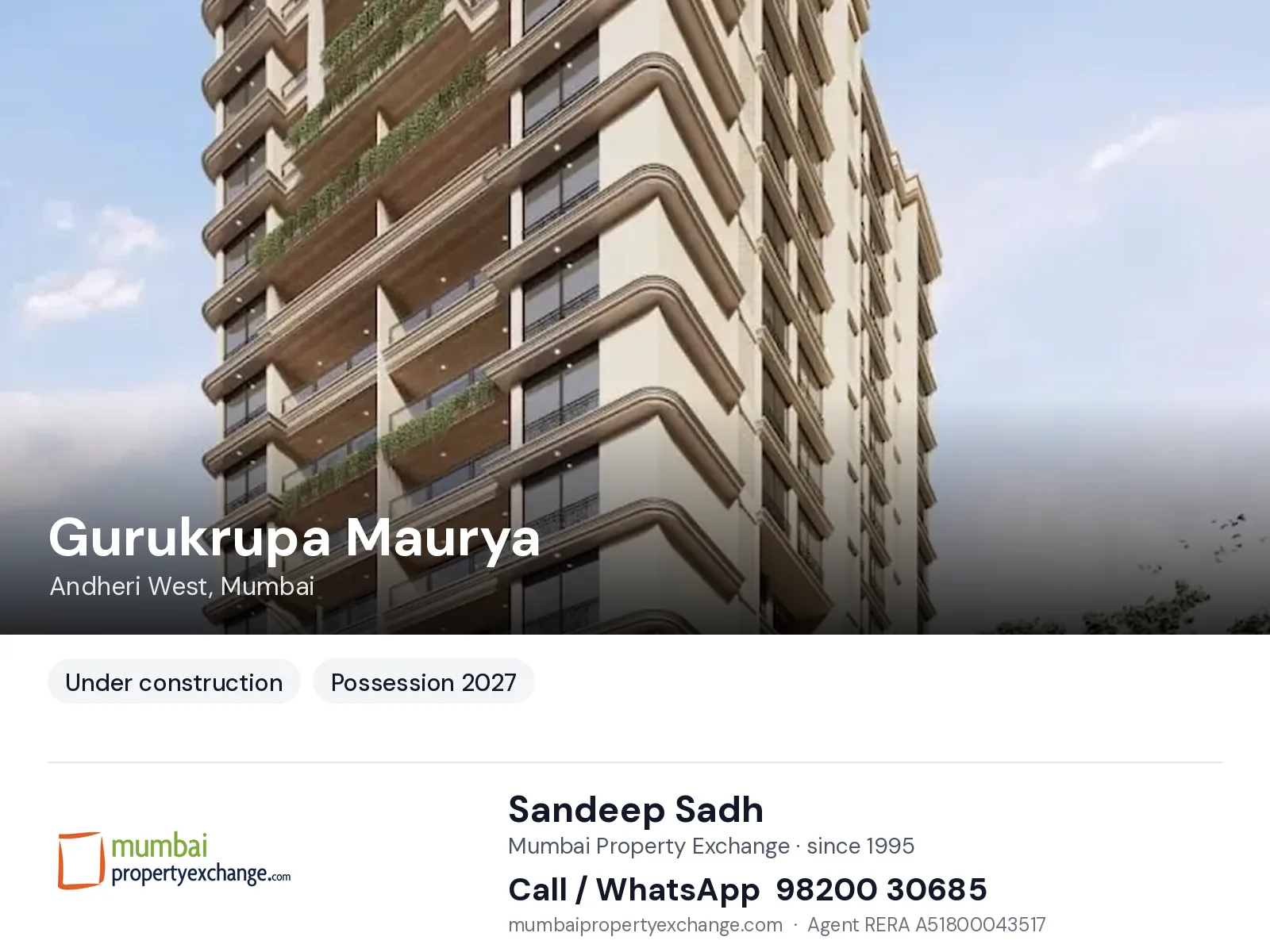 Gurukrupa Maurya, Andheri West, Mumbai — new project, possession 2027 | Mumbai Property Exchange, Sandeep Sadh 98200 30685