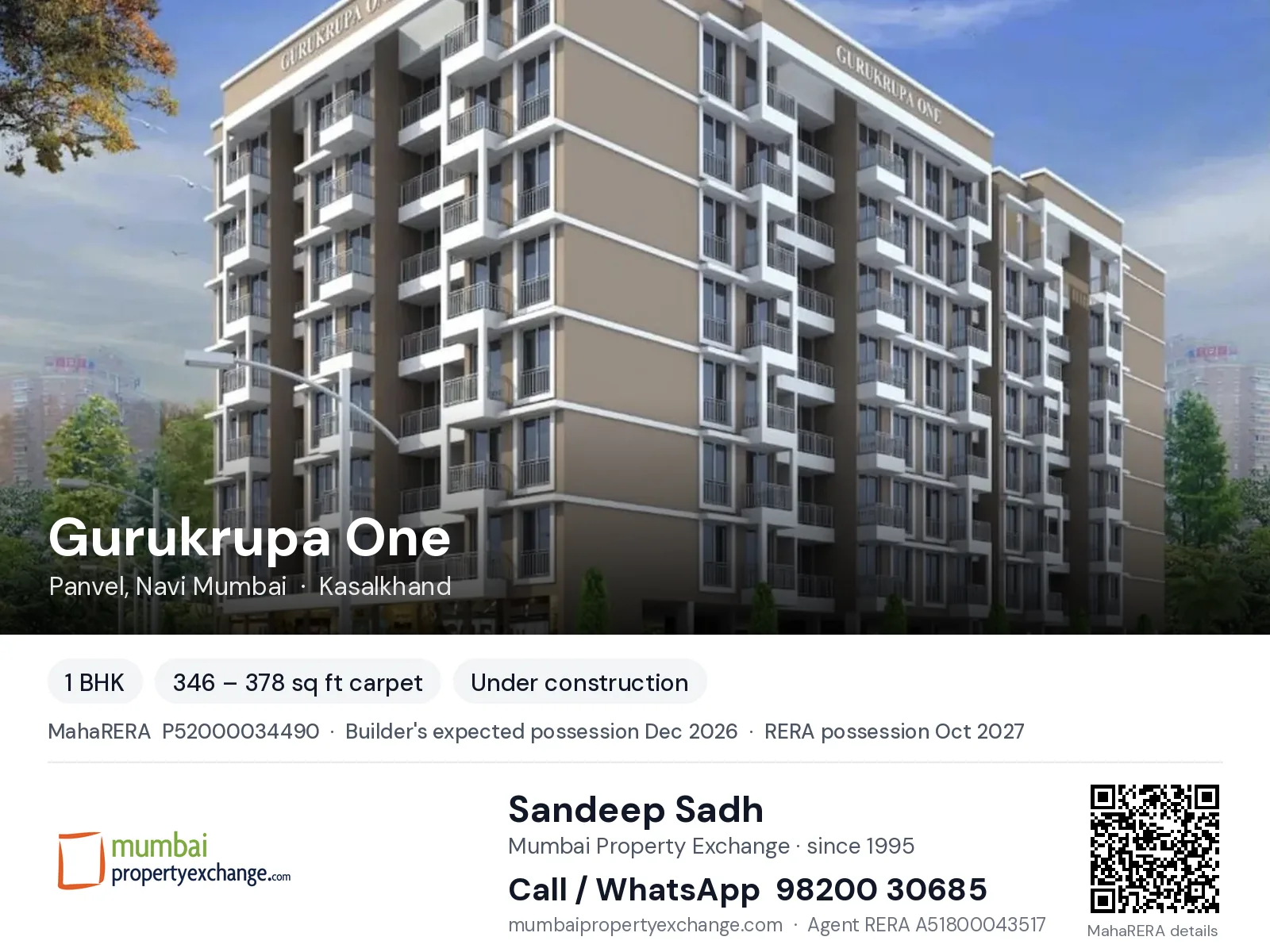 Gurukrupa One by Emperia, Panvel, Navi Mumbai — 1 BHK new project, builder's expected possession Dec 2026, RERA possession Oct 2027 | Mumbai Property Exchange, Sandeep Sadh 98200 30685