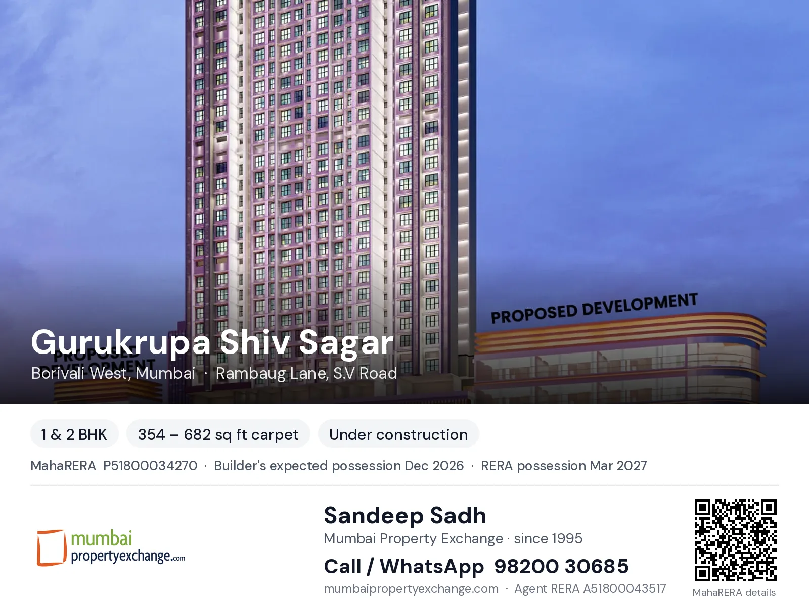 Gurukrupa Shiv Sagar, Borivali West, Mumbai — 1 & 2 BHK new project, builder's expected possession Dec 2026, RERA possession Mar 2027 | Mumbai Property Exchange, Sandeep Sadh 98200 30685