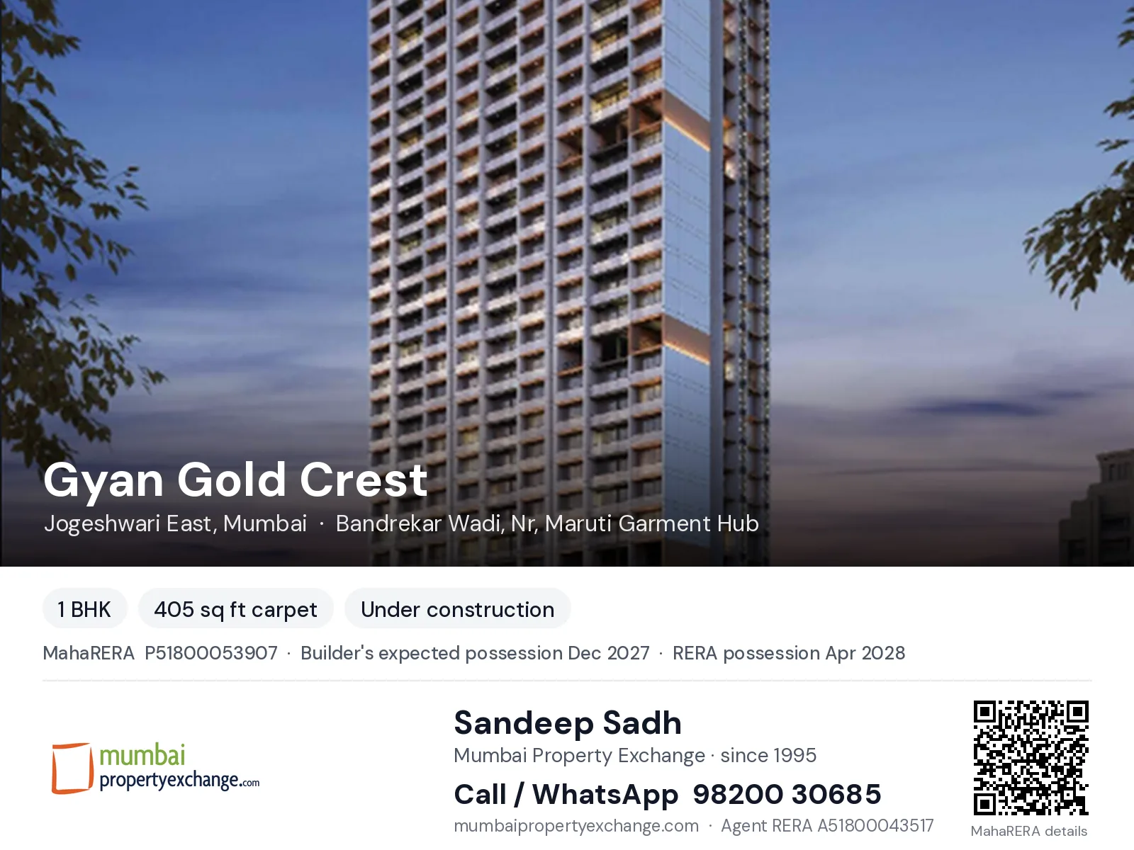Gyan Gold Crest, Jogeshwari East, Mumbai — 1 BHK new project, builder's expected possession Dec 2027, RERA possession Apr 2028 | Mumbai Property Exchange, Sandeep Sadh 98200 30685