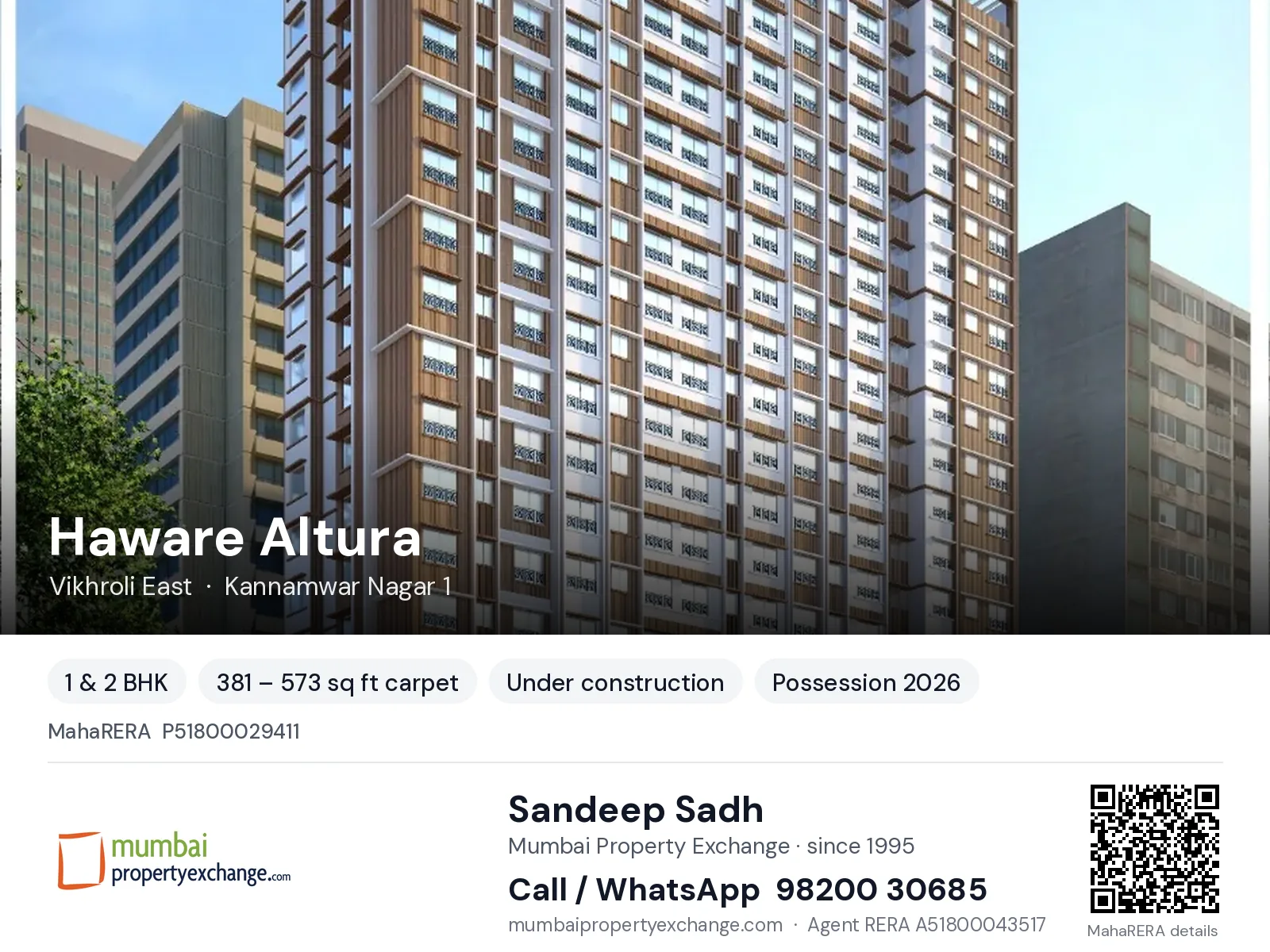 Haware Altura, Vikhroli East — 1 & 2 BHK new project, possession 2026 | Mumbai Property Exchange, Sandeep Sadh 98200 30685