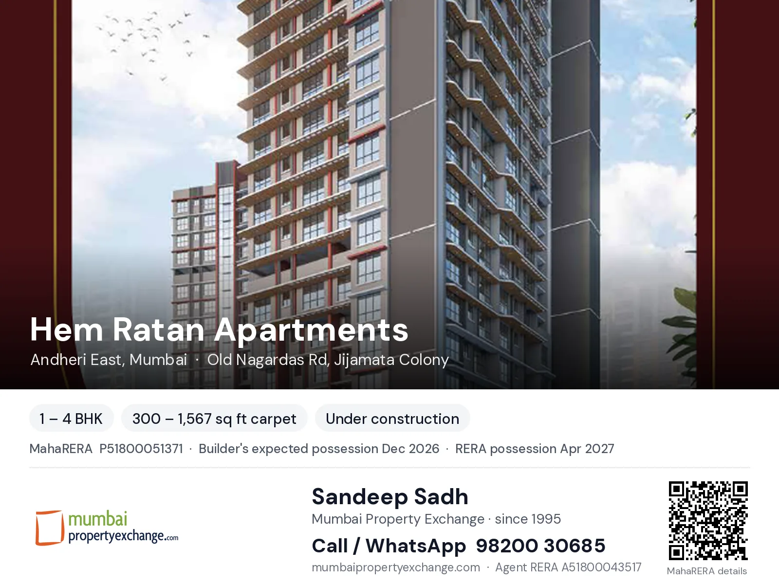 Hem Ratan Apartments by Nicco, Andheri East, Mumbai — 1 – 4 BHK new project, builder's expected possession Dec 2026, RERA possession Apr 2027 | Mumbai Property Exchange, Sandeep Sadh 98200 30685