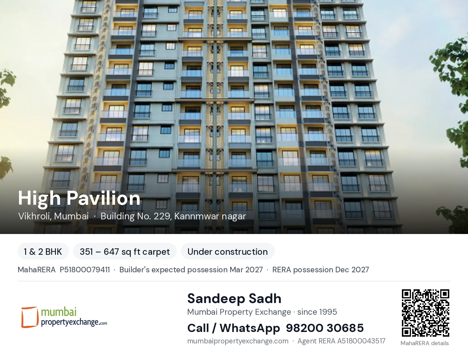 High Pavilion by Agastya, Vikhroli, Mumbai — 1 & 2 BHK new project, builder's expected possession Mar 2027, RERA possession Dec 2027 | Mumbai Property Exchange, Sandeep Sadh 98200 30685