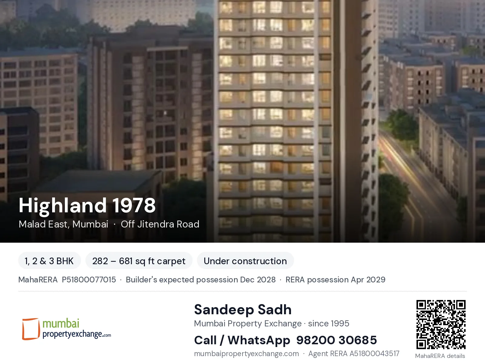 Highland 1978 by Mehta, Malad East, Mumbai — 1, 2 & 3 BHK new project, builder's expected possession Dec 2028, RERA possession Apr 2029 | Mumbai Property Exchange, Sandeep Sadh 98200 30685