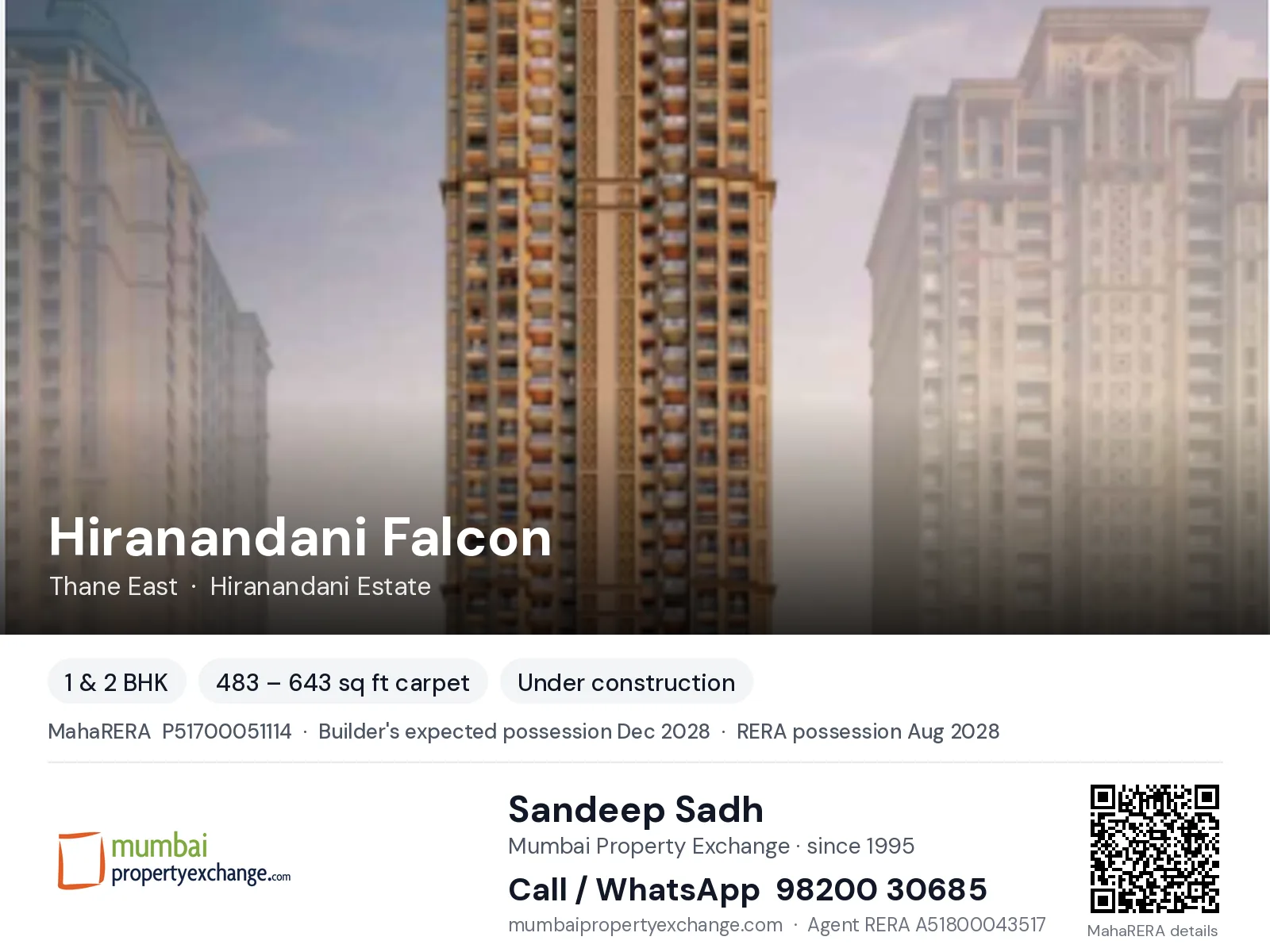 Hiranandani Falcon, Thane East — 1 & 2 BHK new project, builder's expected possession Dec 2028, RERA possession Aug 2028 | Mumbai Property Exchange, Sandeep Sadh 98200 30685