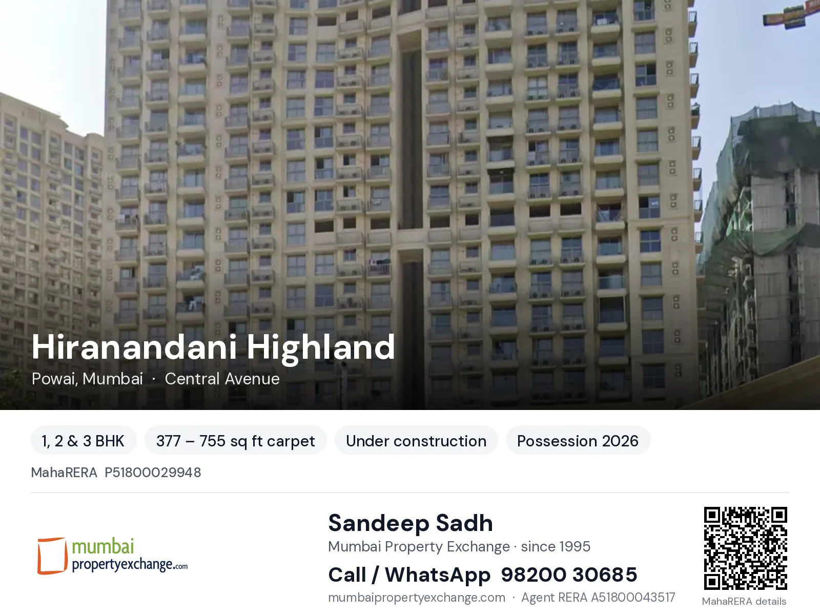Hiranandani Highland, Powai, Mumbai — 1, 2 & 3 BHK new project, possession 2026 | Mumbai Property Exchange, Sandeep Sadh 98200 30685