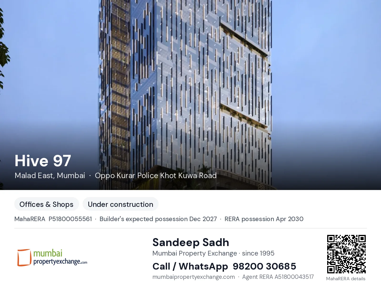 Hive 97 by Vora Skyline, Malad East, Mumbai — new project, builder's expected possession Dec 2027, RERA possession Apr 2030 | Mumbai Property Exchange, Sandeep Sadh 98200 30685