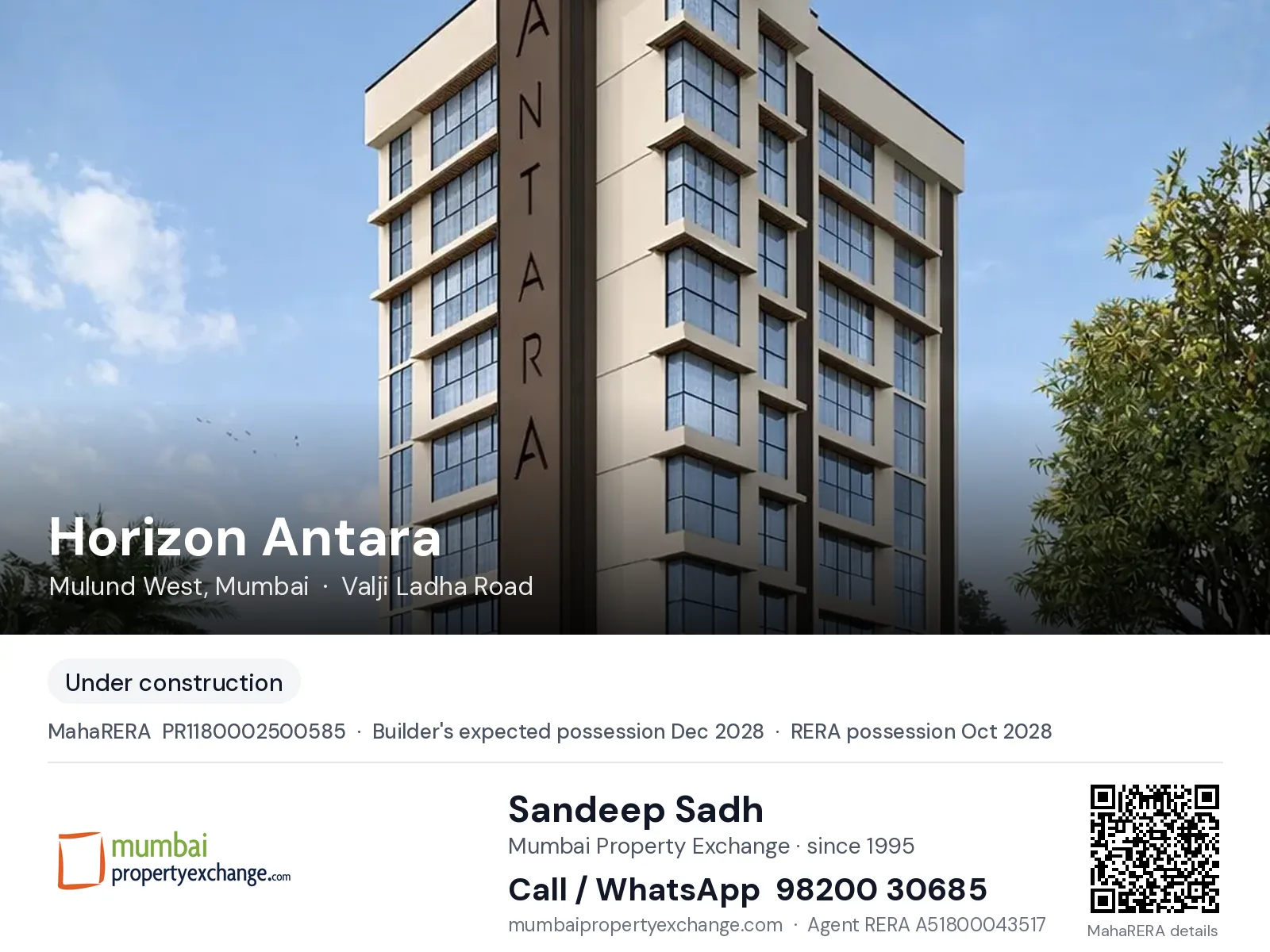 Horizon Antara, Mulund West, Mumbai — new project, builder's expected possession Dec 2028, RERA possession Oct 2028 | Mumbai Property Exchange, Sandeep Sadh 98200 30685
