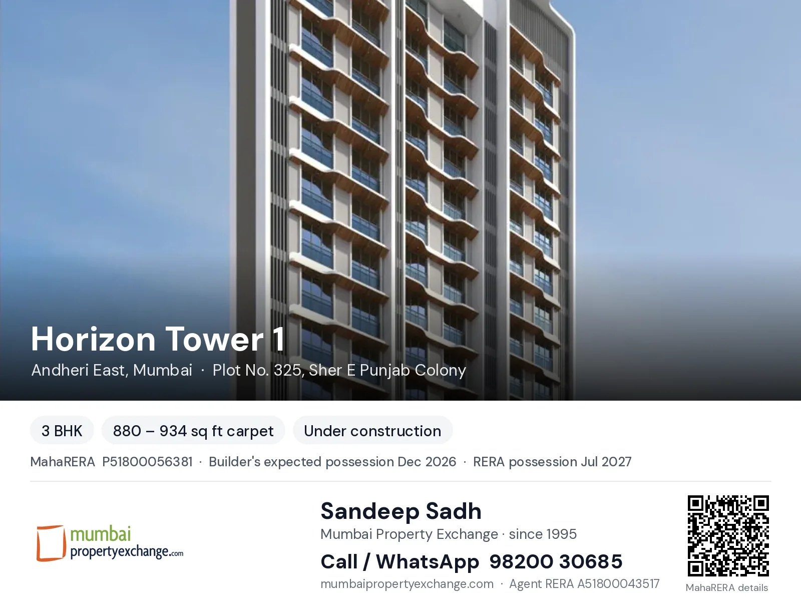 Horizon Tower 1 by Gurunam, Andheri East, Mumbai — 3 BHK new project, builder's expected possession Dec 2026, RERA possession Jul 2027 | Mumbai Property Exchange, Sandeep Sadh 98200 30685