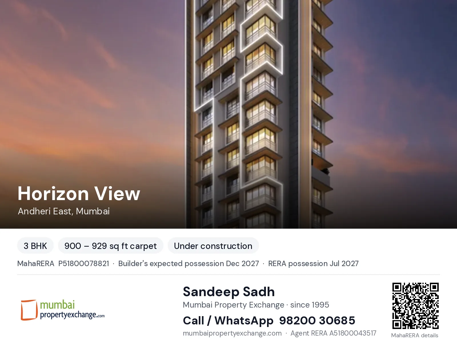 Horizon View by Gurunam, Andheri East, Mumbai — 3 BHK new project, builder's expected possession Dec 2027, RERA possession Jul 2027 | Mumbai Property Exchange, Sandeep Sadh 98200 30685