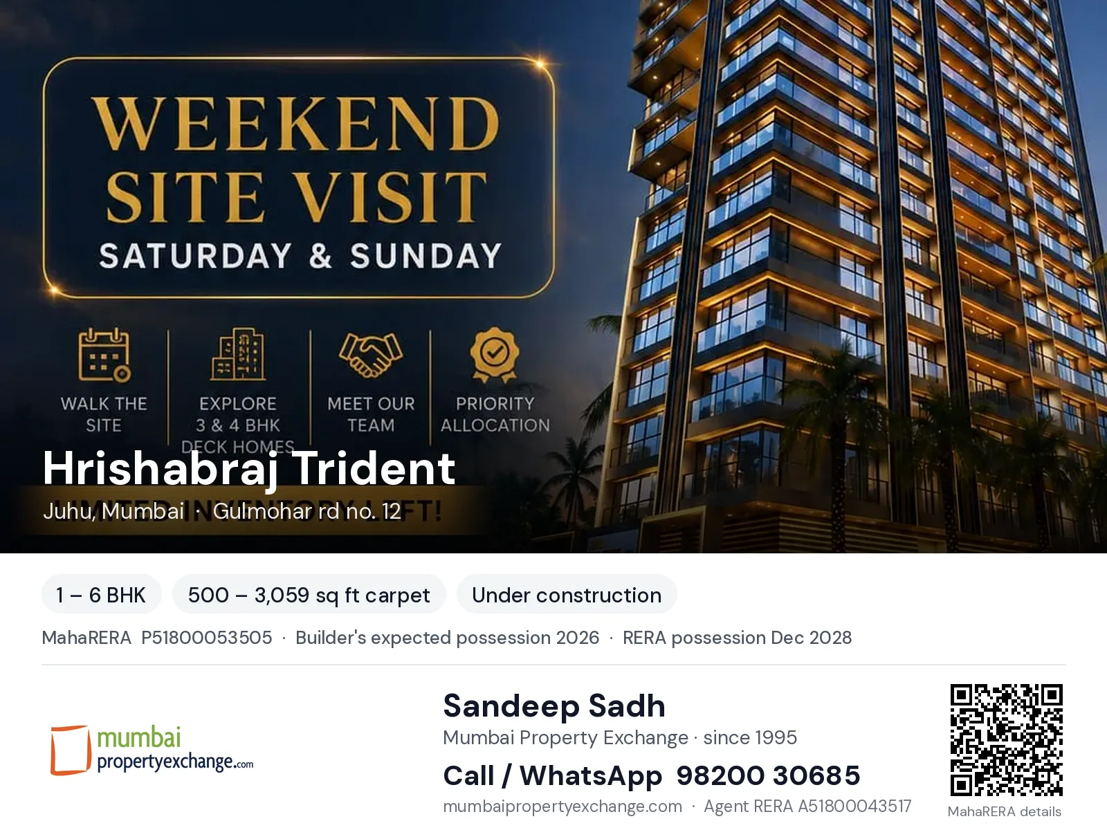 Hrishabraj Trident, Juhu, Mumbai — 1 – 6 BHK new project, builder's expected possession 2026, RERA possession Dec 2028 | Mumbai Property Exchange, Sandeep Sadh 98200 30685