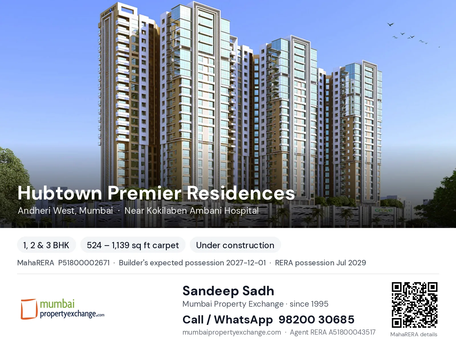 Hubtown Premier Residences, Andheri West, Mumbai — 1, 2 & 3 BHK new project, builder's expected possession 2027-12-01, RERA possession Jul 2029 | Mumbai Property Exchange, Sandeep Sadh 98200 30685