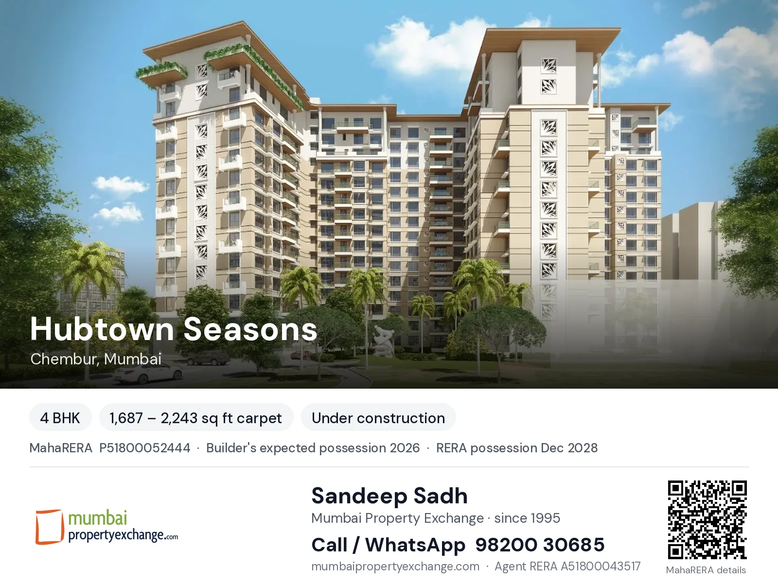 Hubtown Seasons, Chembur, Mumbai — 4 BHK new project, builder's expected possession 2026, RERA possession Dec 2028 | Mumbai Property Exchange, Sandeep Sadh 98200 30685