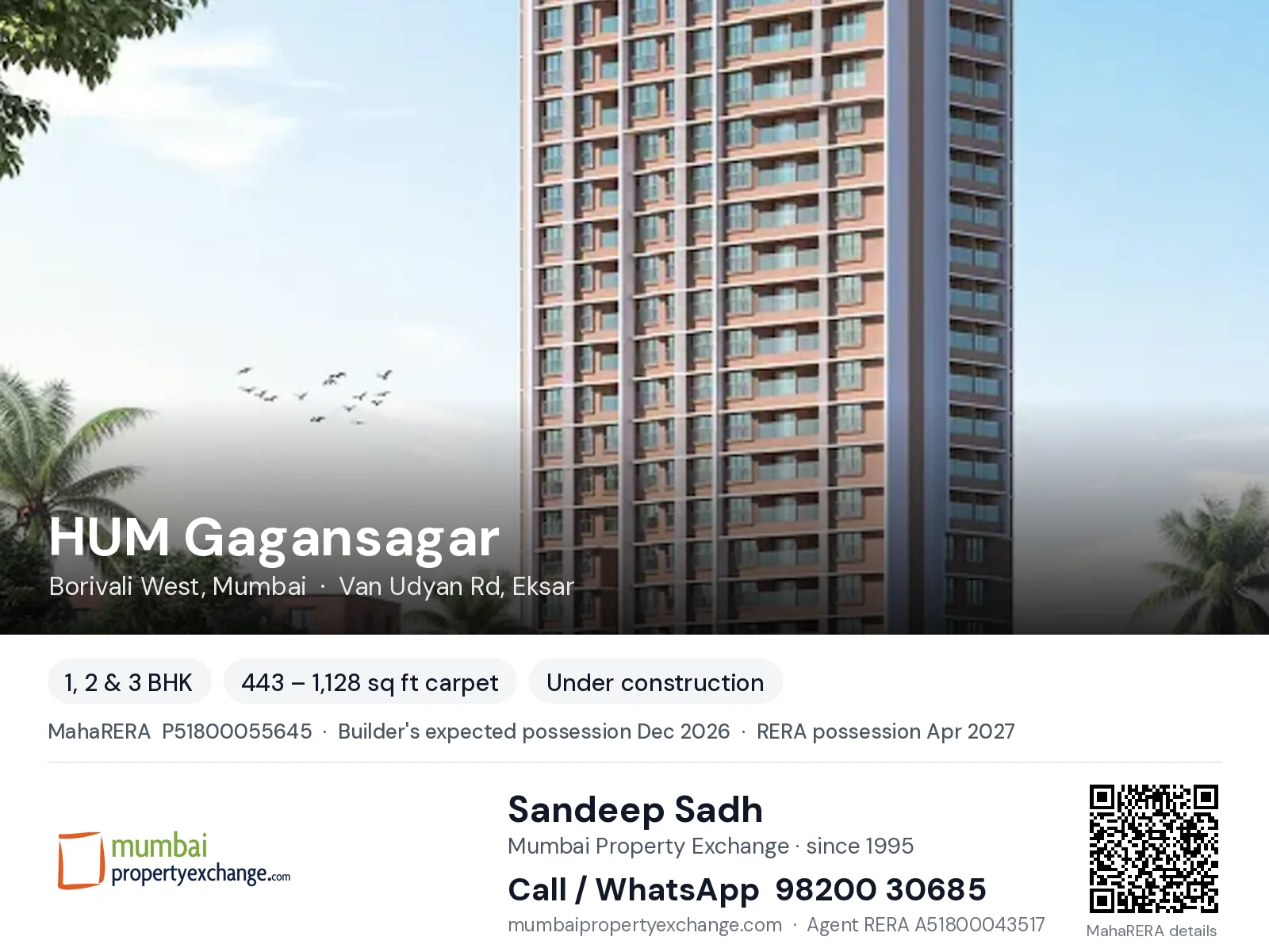 HUM Gagansagar, Borivali West, Mumbai — 1, 2 & 3 BHK new project, builder's expected possession Dec 2026, RERA possession Apr 2027 | Mumbai Property Exchange, Sandeep Sadh 98200 30685
