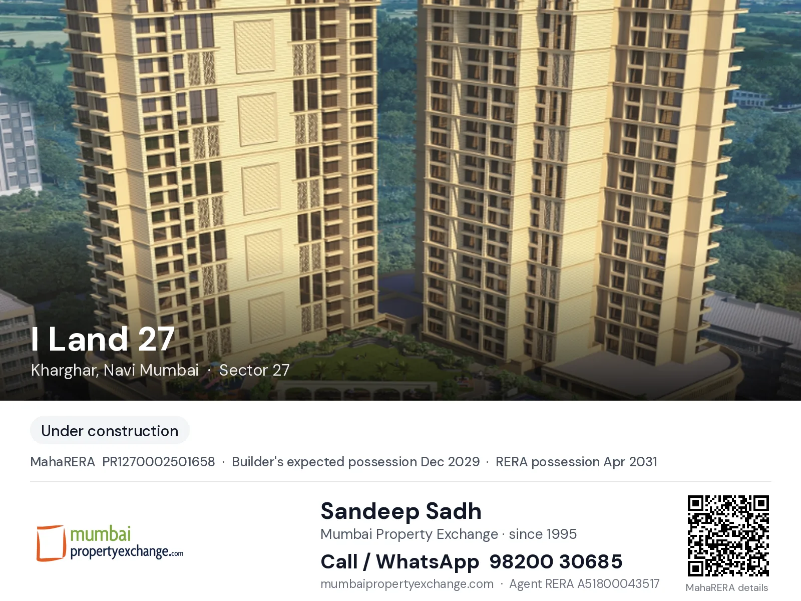 I Land 27 by Today Royal, Kharghar, Navi Mumbai — new project, builder's expected possession Dec 2029, RERA possession Apr 2031 | Mumbai Property Exchange, Sandeep Sadh 98200 30685