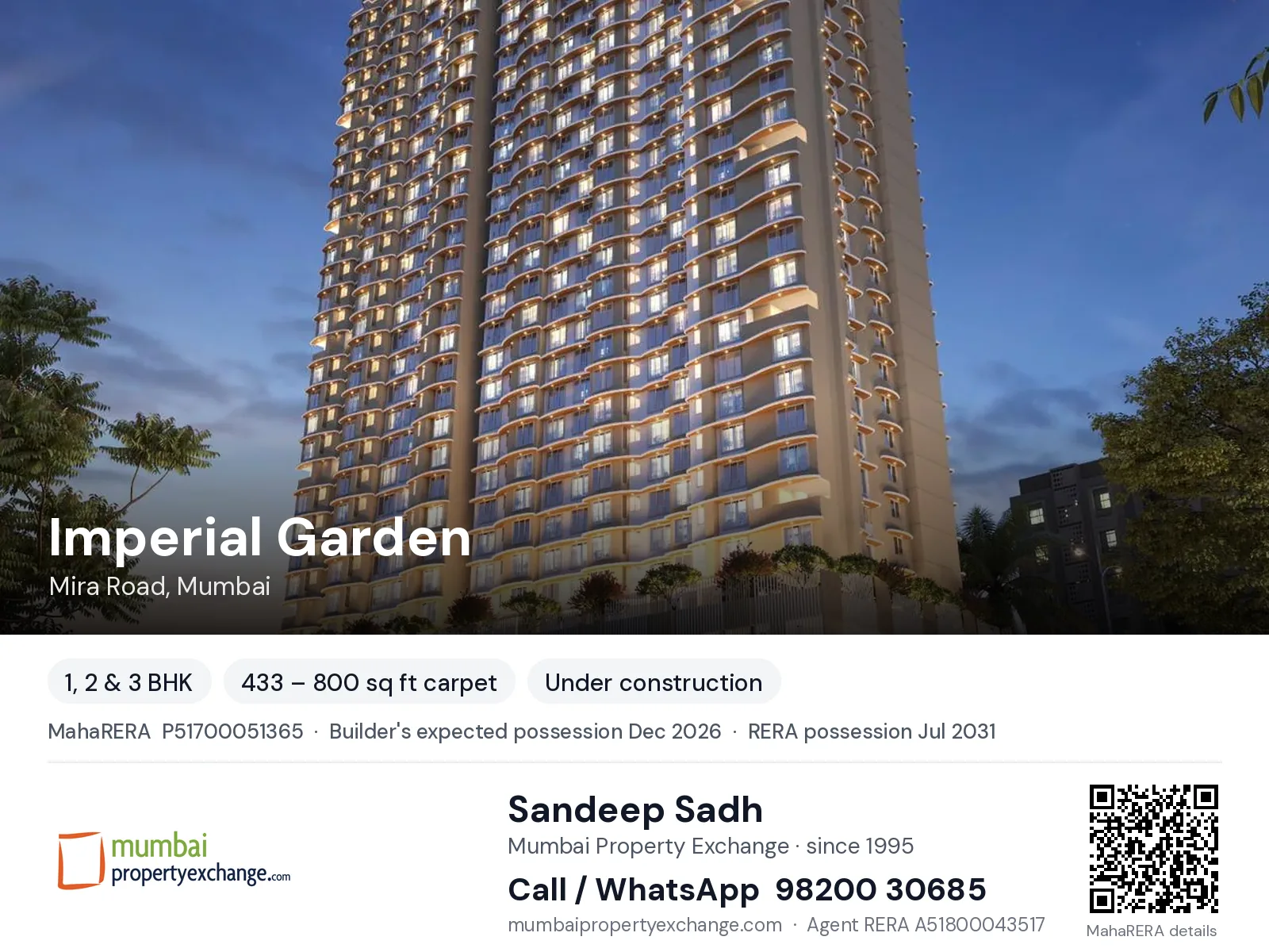 Imperial Garden by S.K Height, Mira Road, Mumbai — 1, 2 & 3 BHK new project, builder's expected possession Dec 2026, RERA possession Jul 2031 | Mumbai Property Exchange, Sandeep Sadh 98200 30685