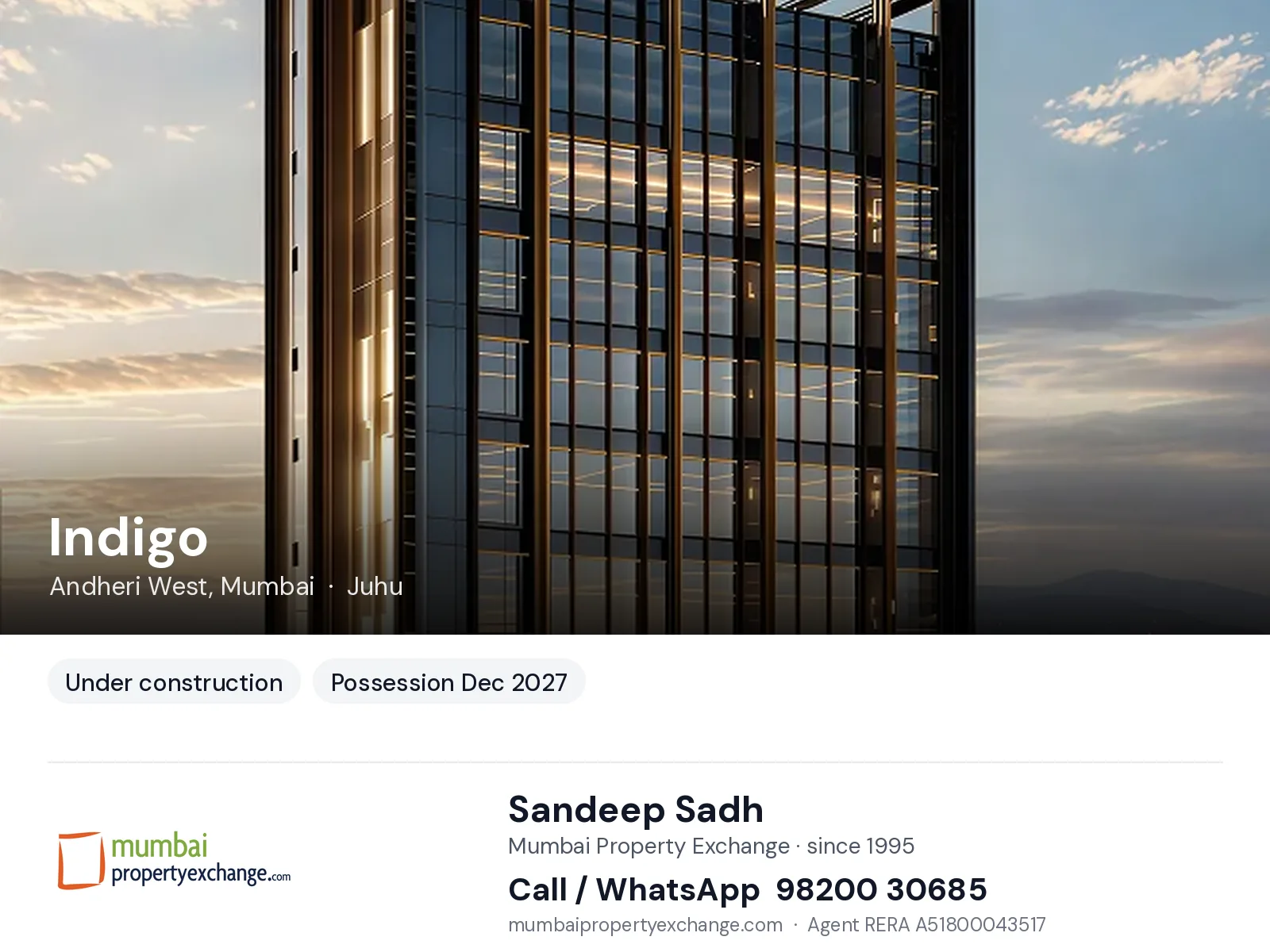 Indigo by West Avenue, Andheri West, Mumbai — new project, possession Dec 2027 | Mumbai Property Exchange, Sandeep Sadh 98200 30685