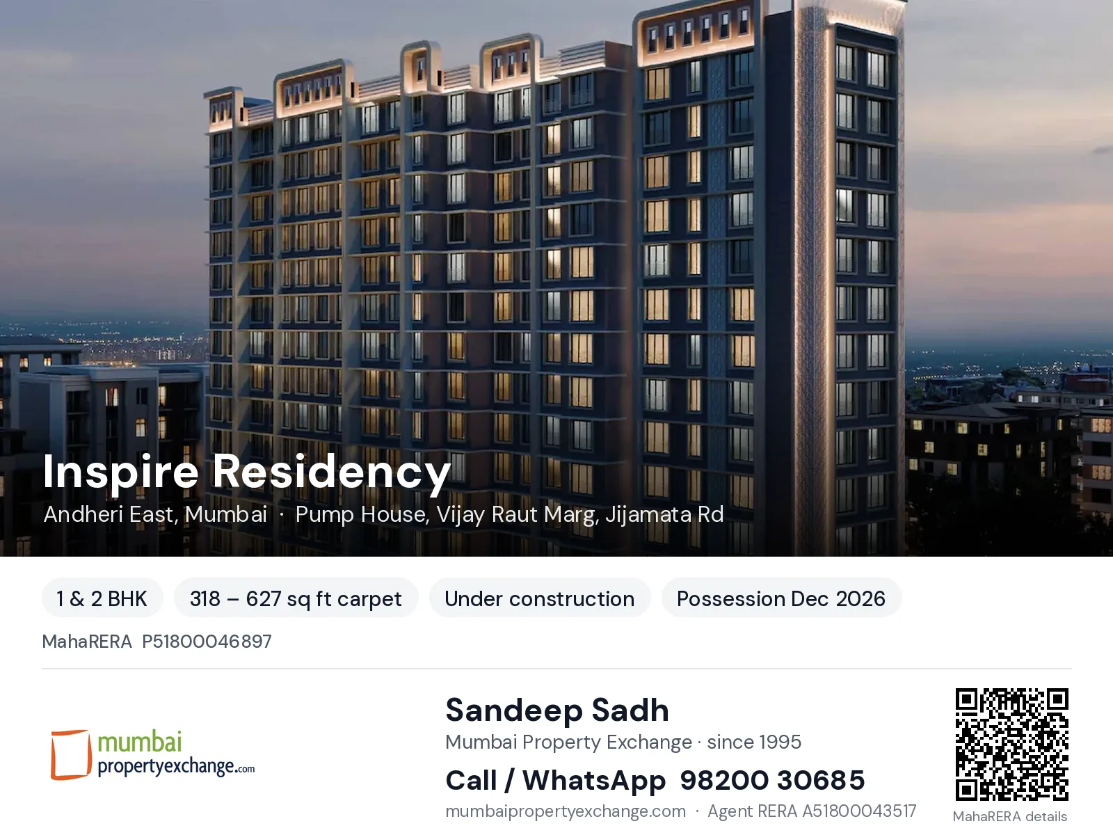 Inspire Residency by Sardar, Andheri East, Mumbai — 1 & 2 BHK new project, possession Dec 2026 | Mumbai Property Exchange, Sandeep Sadh 98200 30685