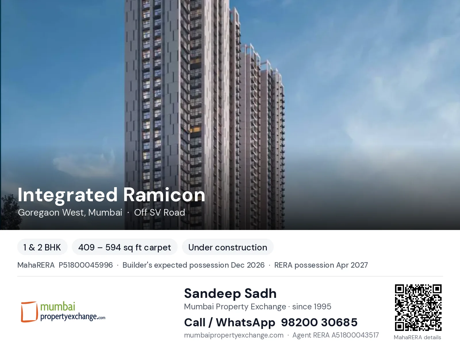 Integrated Ramicon, Goregaon West, Mumbai — 1 & 2 BHK new project, builder's expected possession Dec 2026, RERA possession Apr 2027 | Mumbai Property Exchange, Sandeep Sadh 98200 30685