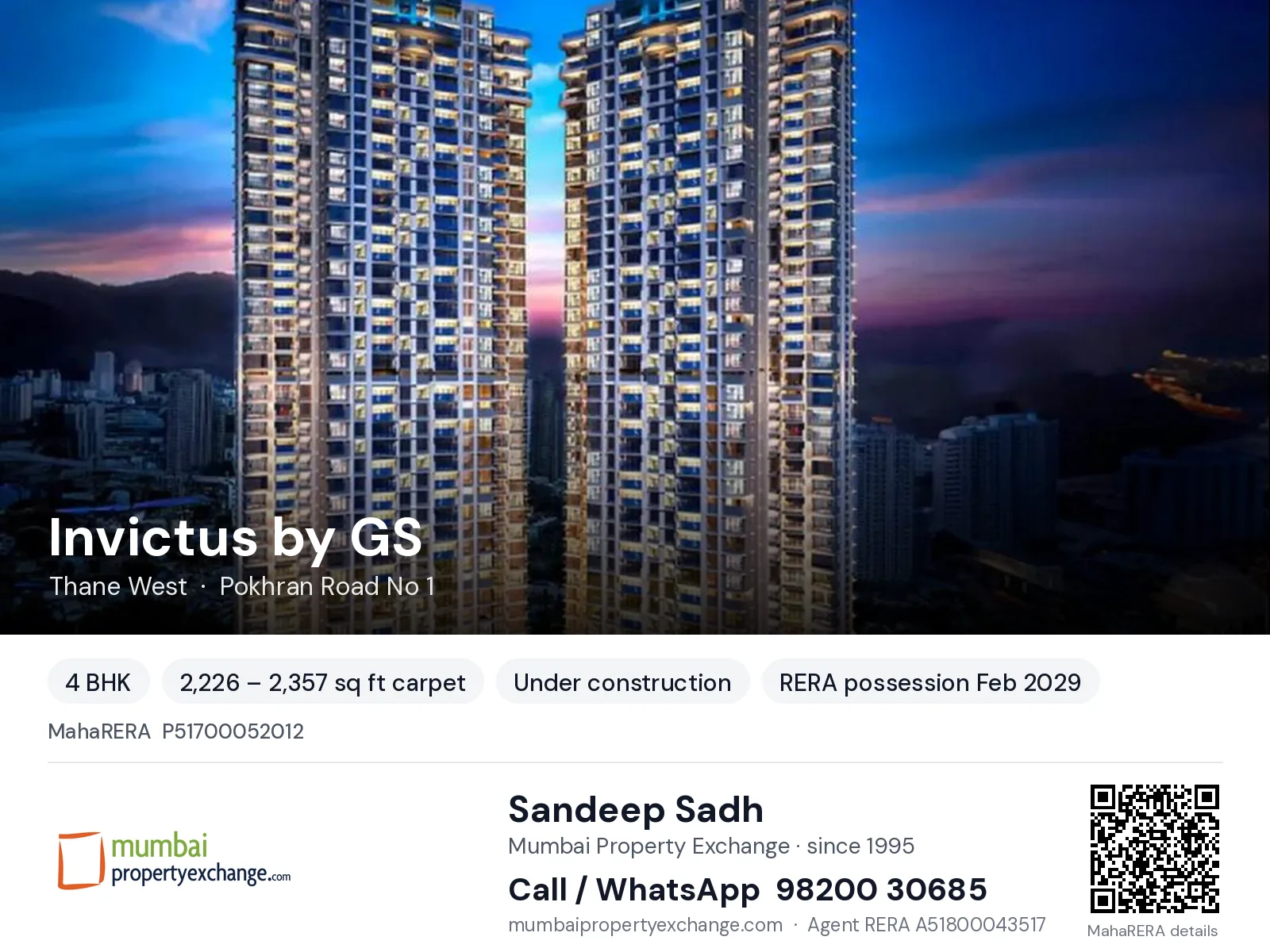 Invictus by GS by Raymond, Thane West — 4 BHK new project, RERA possession Feb 2029 | Mumbai Property Exchange, Sandeep Sadh 98200 30685