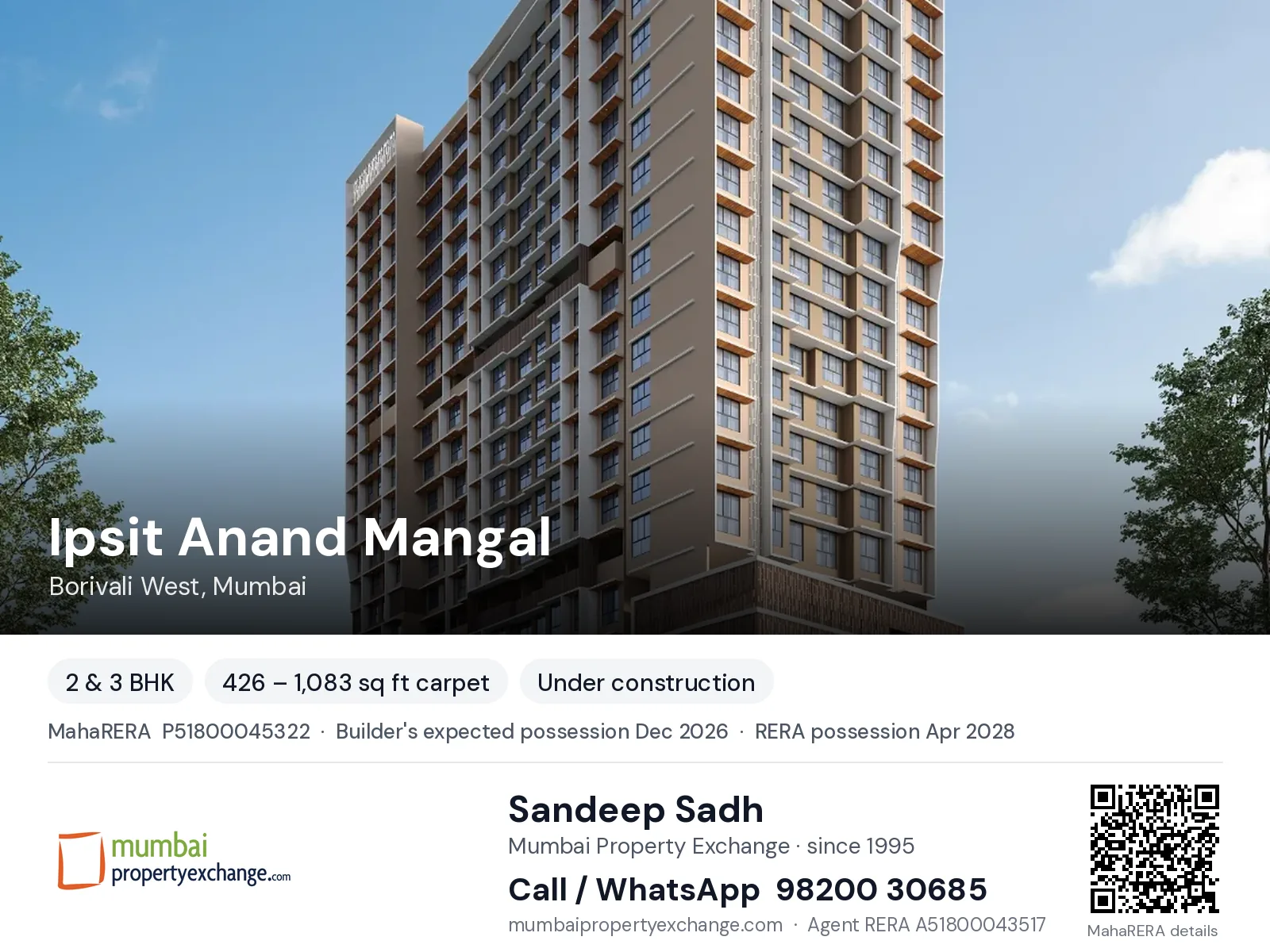 Ipsit Anand Mangal, Borivali West, Mumbai — 2 & 3 BHK new project, builder's expected possession Dec 2026, RERA possession Apr 2028 | Mumbai Property Exchange, Sandeep Sadh 98200 30685