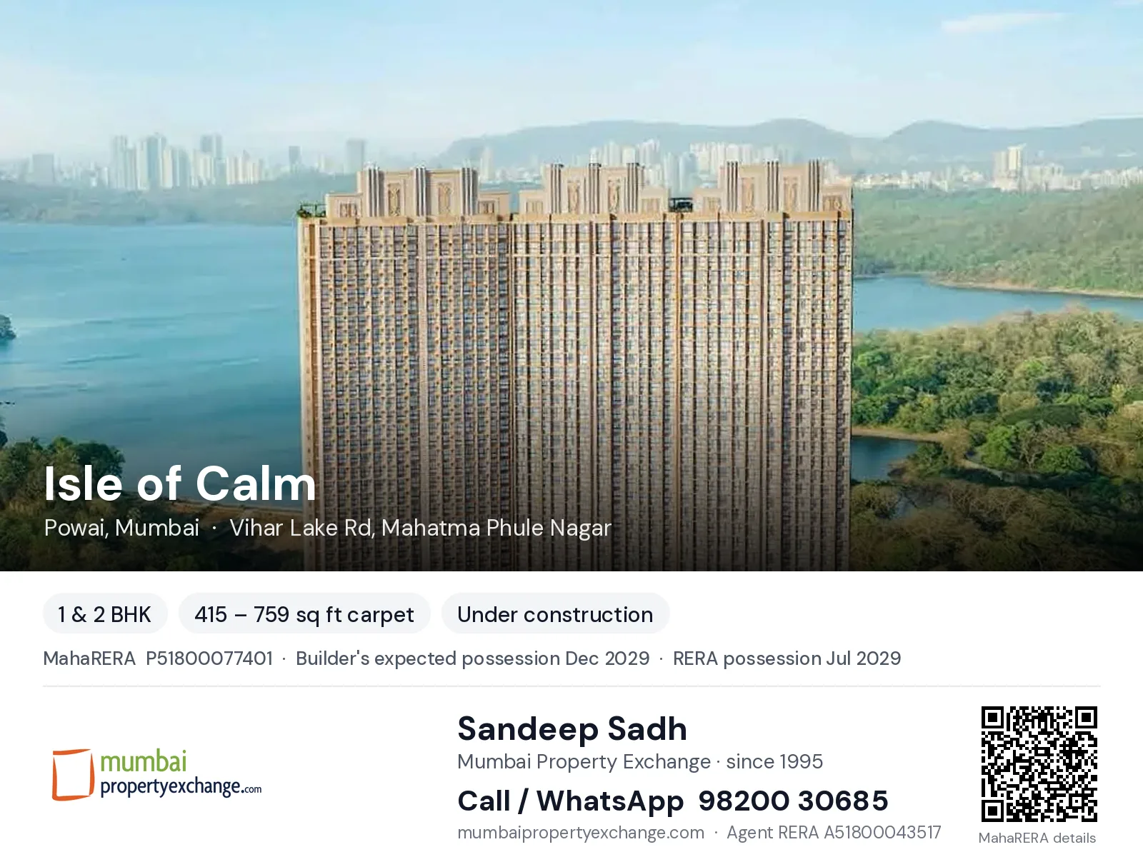 Isle of Calm by GHP, Powai, Mumbai — 1 & 2 BHK new project, builder's expected possession Dec 2029, RERA possession Jul 2029 | Mumbai Property Exchange, Sandeep Sadh 98200 30685