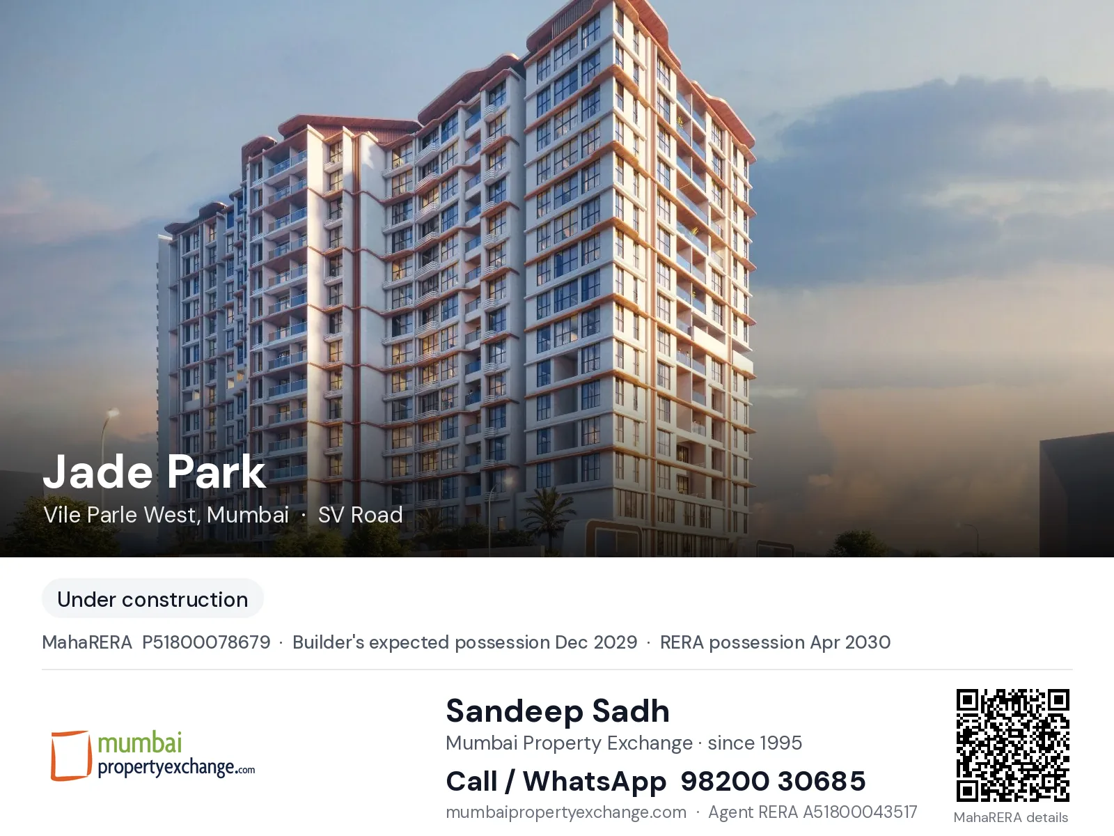 Jade Park by MICL, Vile Parle West, Mumbai — new project, builder's expected possession Dec 2029, RERA possession Apr 2030 | Mumbai Property Exchange, Sandeep Sadh 98200 30685