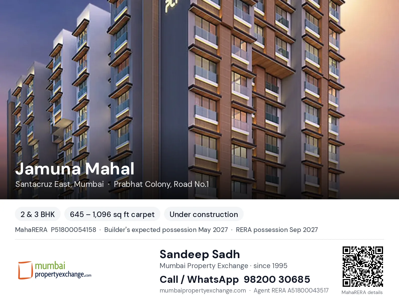 Jamuna Mahal by PCPL, Santacruz East, Mumbai — 2 & 3 BHK new project, builder's expected possession May 2027, RERA possession Sep 2027 | Mumbai Property Exchange, Sandeep Sadh 98200 30685