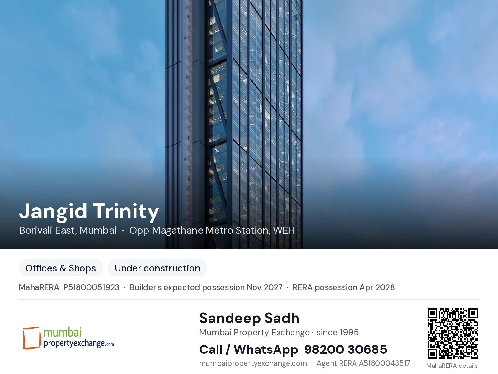 Jangid Trinity, Borivali East, Mumbai — new project, builder's expected possession Nov 2027, RERA possession Apr 2028 | Mumbai Property Exchange, Sandeep Sadh 98200 30685