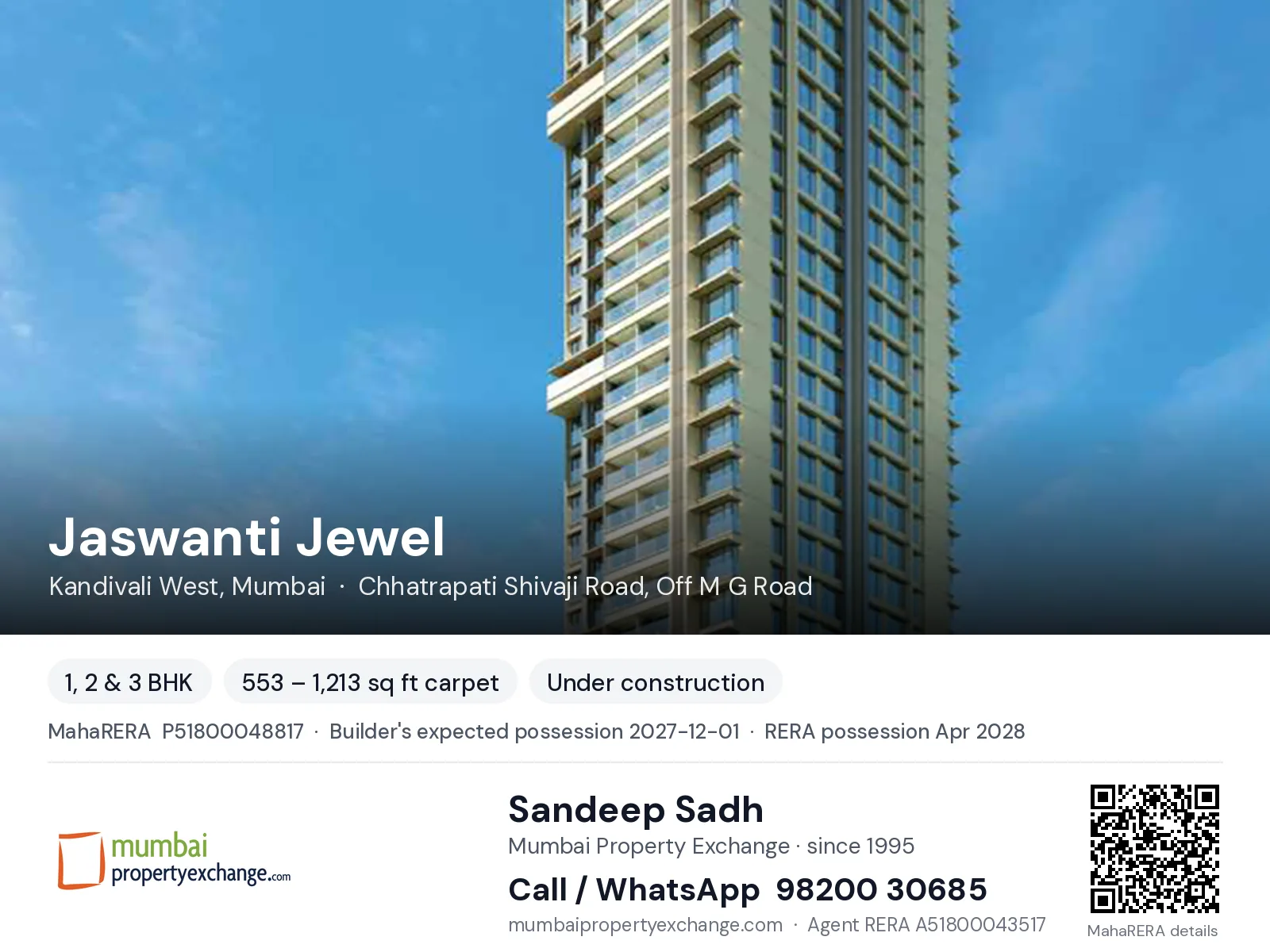 Jaswanti Jewel by Ashray, Kandivali West, Mumbai — 1, 2 & 3 BHK new project, builder's expected possession 2027-12-01, RERA possession Apr 2028 | Mumbai Property Exchange, Sandeep Sadh 98200 30685