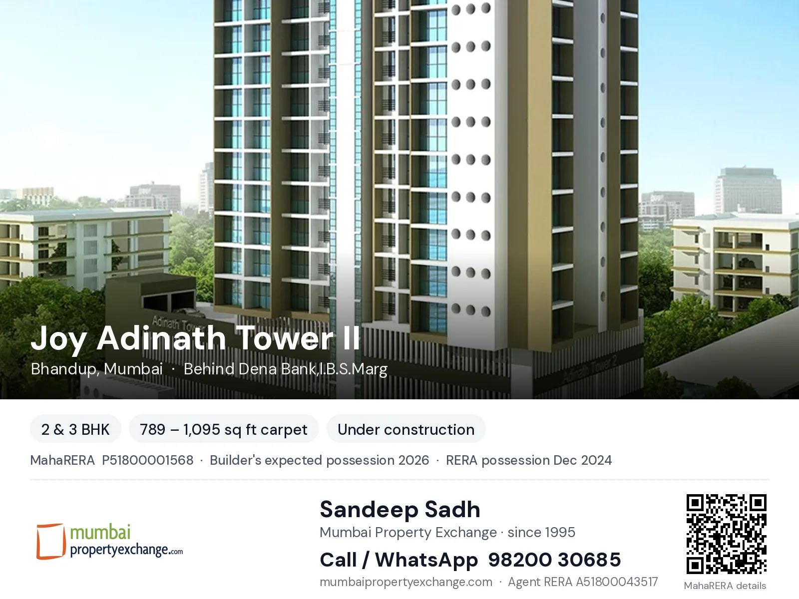 Joy Adinath Tower II, Bhandup, Mumbai — 2 & 3 BHK new project, builder's expected possession 2026, RERA possession Dec 2024 | Mumbai Property Exchange, Sandeep Sadh 98200 30685