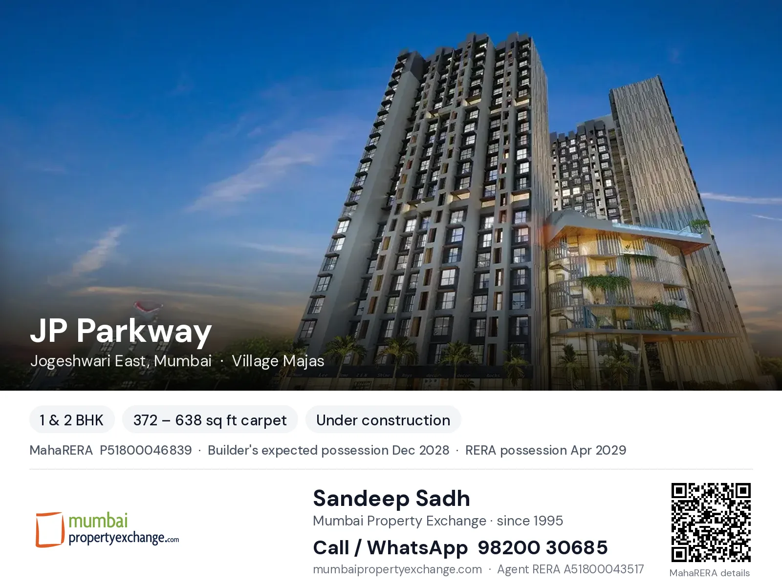 JP Parkway by JP Mumbai, Jogeshwari East, Mumbai — 1 & 2 BHK new project, builder's expected possession Dec 2028, RERA possession Apr 2029 | Mumbai Property Exchange, Sandeep Sadh 98200 30685