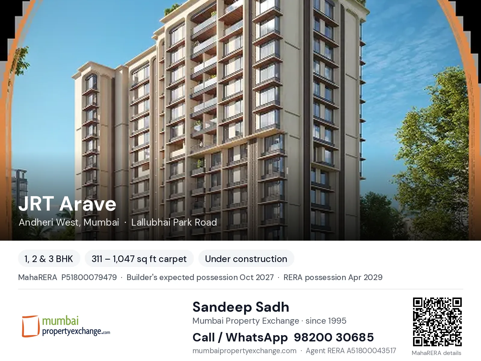 JRT Arave, Andheri West, Mumbai — 1, 2 & 3 BHK new project, builder's expected possession Oct 2027, RERA possession Apr 2029 | Mumbai Property Exchange, Sandeep Sadh 98200 30685