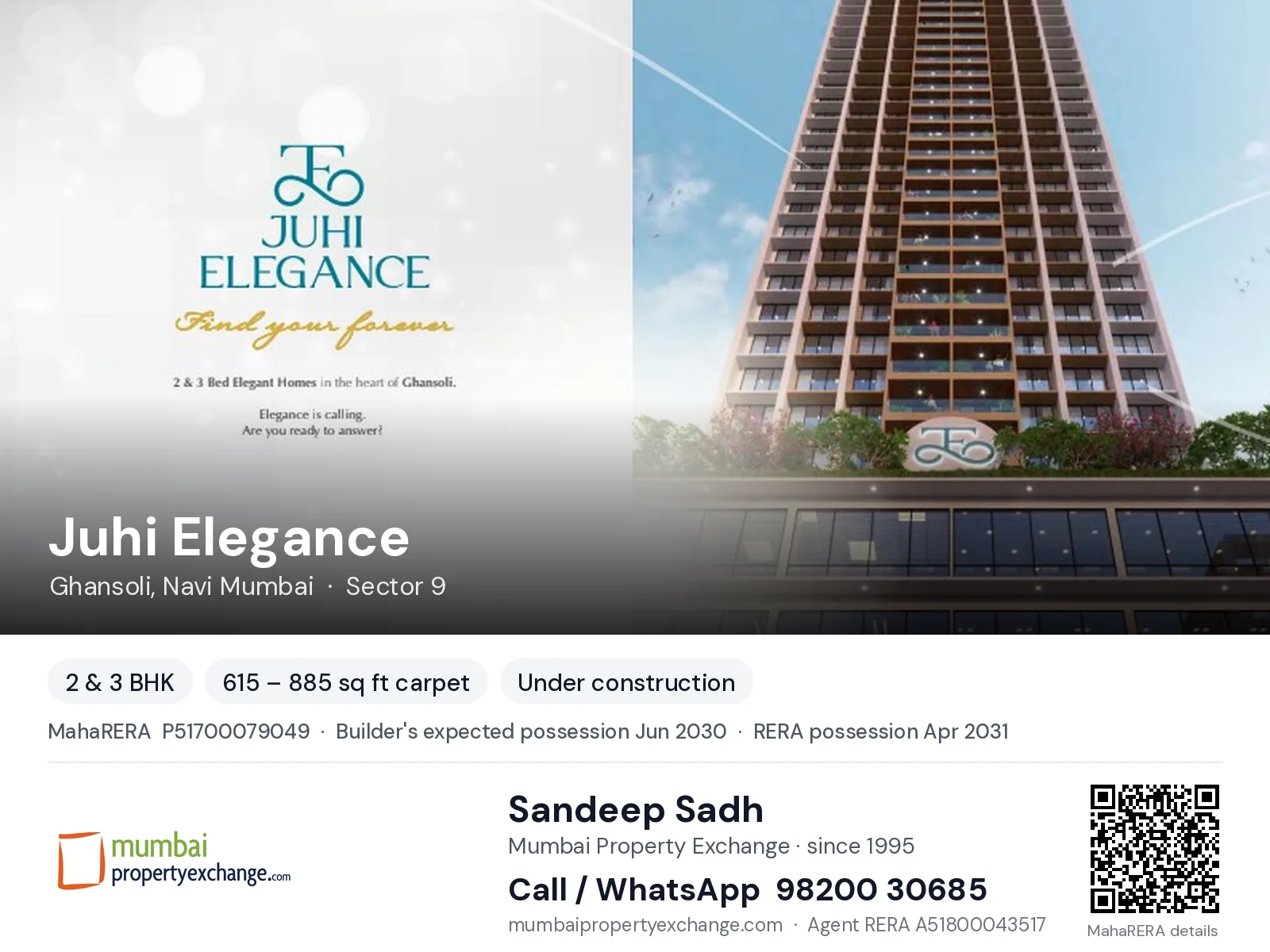 Juhi Elegance, Ghansoli, Navi Mumbai — 2 & 3 BHK new project, builder's expected possession Jun 2030, RERA possession Apr 2031 | Mumbai Property Exchange, Sandeep Sadh 98200 30685