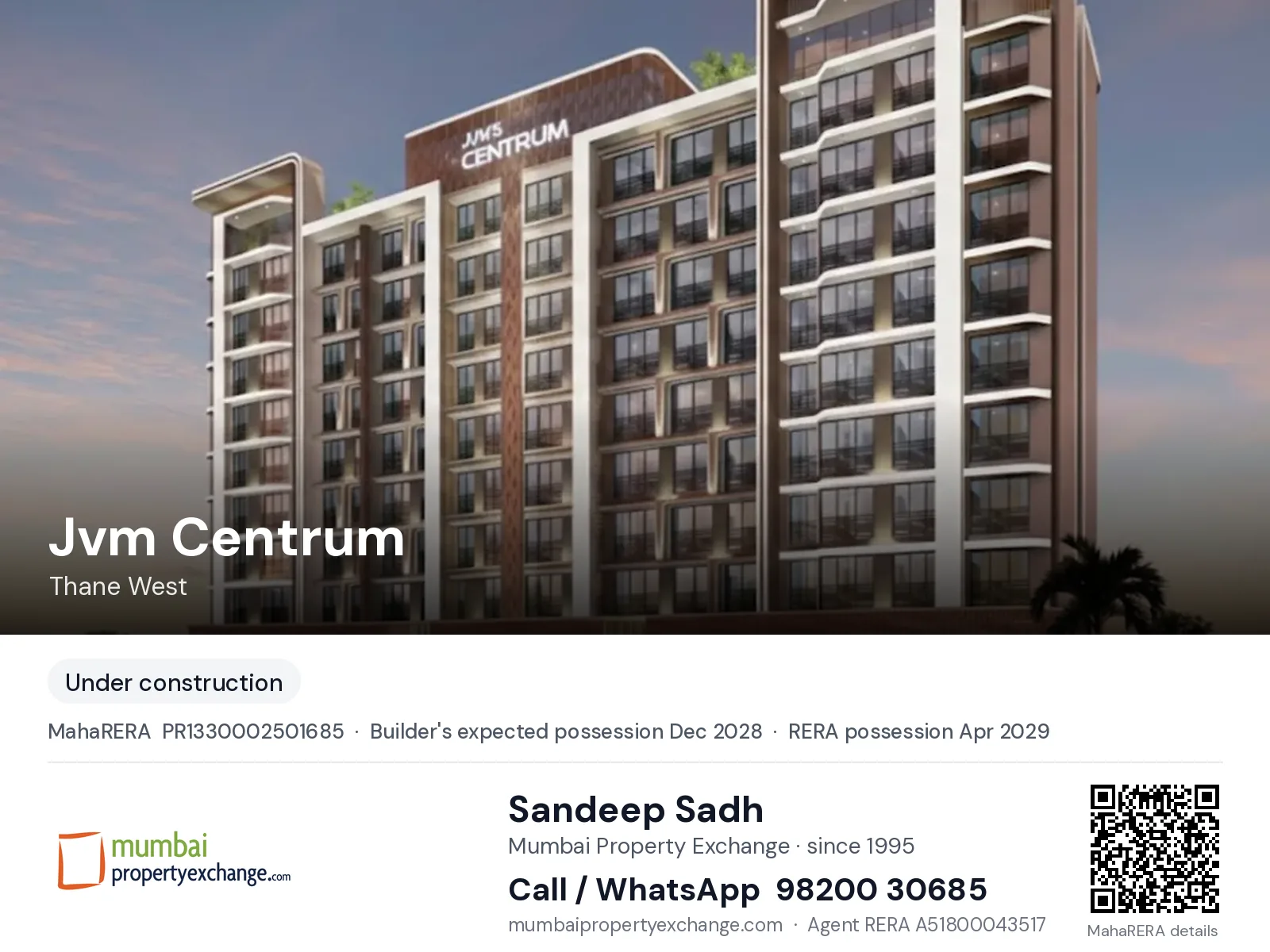 Jvm Centrum, Thane West — new project, builder's expected possession Dec 2028, RERA possession Apr 2029 | Mumbai Property Exchange, Sandeep Sadh 98200 30685