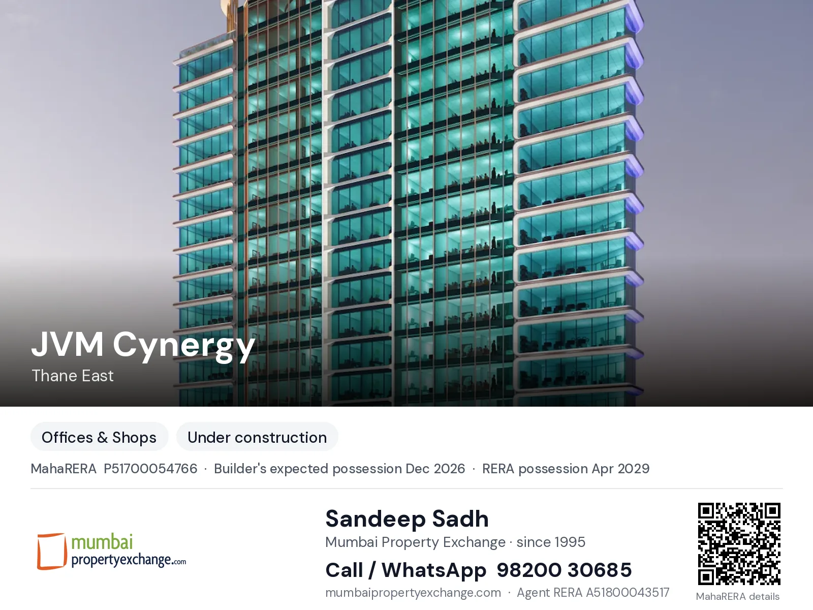 JVM Cynergy, Thane East — new project, builder's expected possession Dec 2026, RERA possession Apr 2029 | Mumbai Property Exchange, Sandeep Sadh 98200 30685
