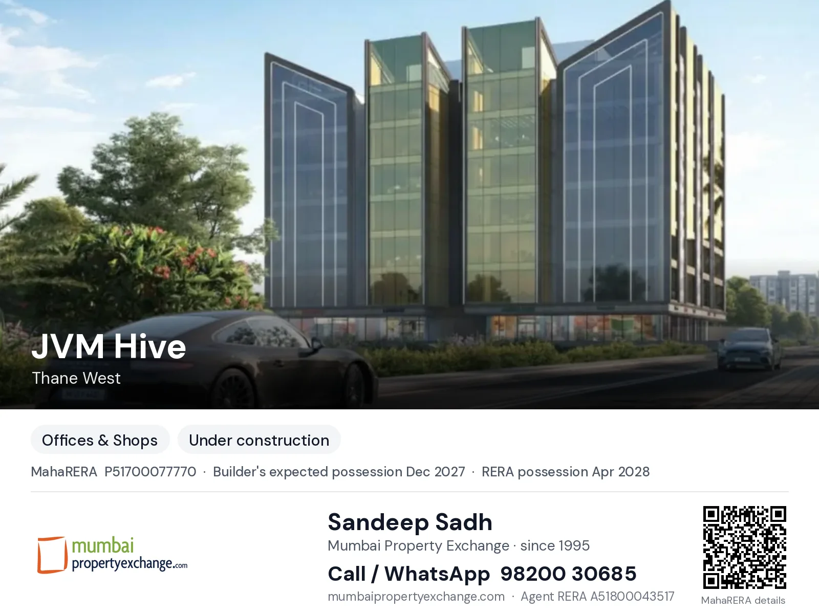 JVM Hive, Thane West — new project, builder's expected possession Dec 2027, RERA possession Apr 2028 | Mumbai Property Exchange, Sandeep Sadh 98200 30685