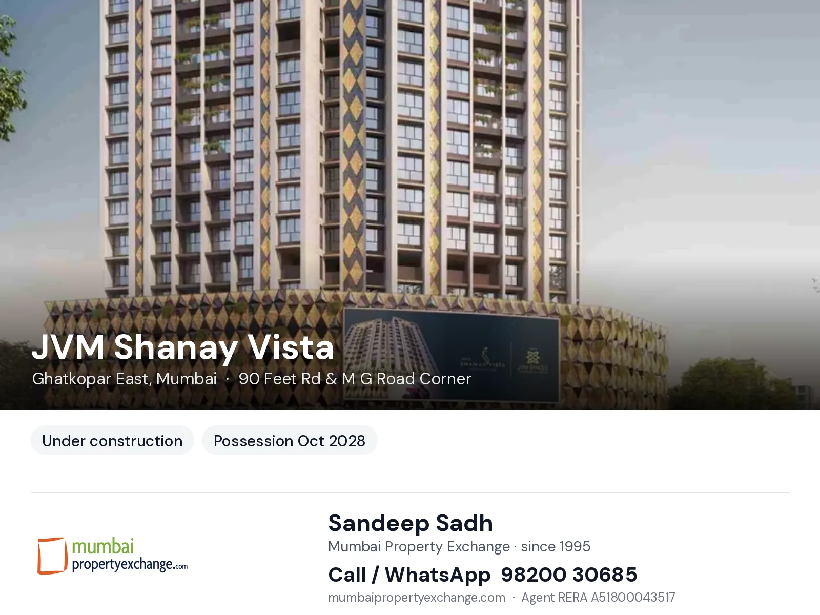JVM Shanay Vista, Ghatkopar East, Mumbai — new project, possession Oct 2028 | Mumbai Property Exchange, Sandeep Sadh 98200 30685