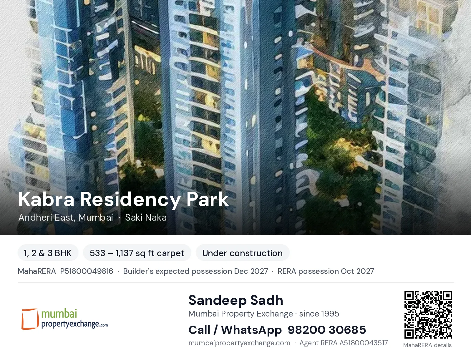 Kabra Residency Park, Andheri East, Mumbai — 1, 2 & 3 BHK new project, builder's expected possession Dec 2027, RERA possession Oct 2027 | Mumbai Property Exchange, Sandeep Sadh 98200 30685
