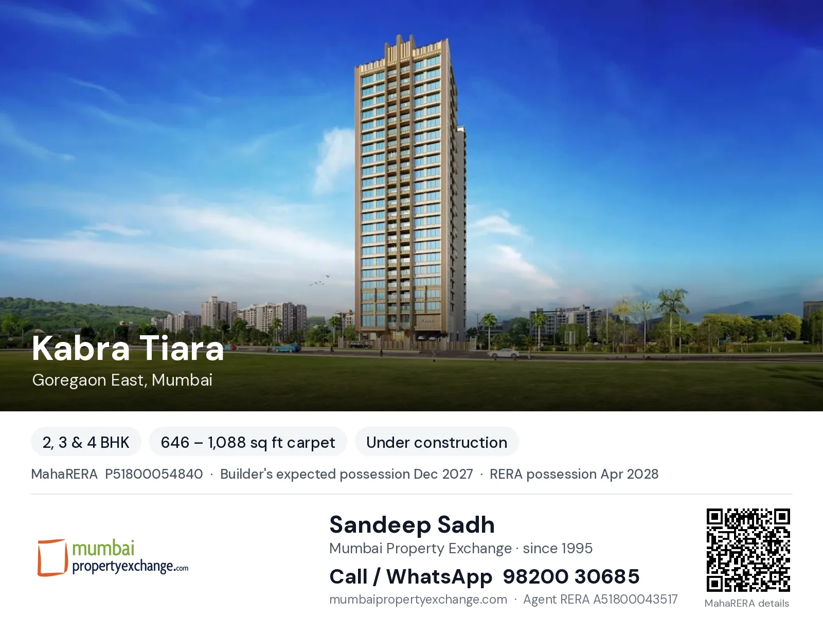 Kabra Tiara, Goregaon East, Mumbai — 2, 3 & 4 BHK new project, builder's expected possession Dec 2027, RERA possession Apr 2028 | Mumbai Property Exchange, Sandeep Sadh 98200 30685