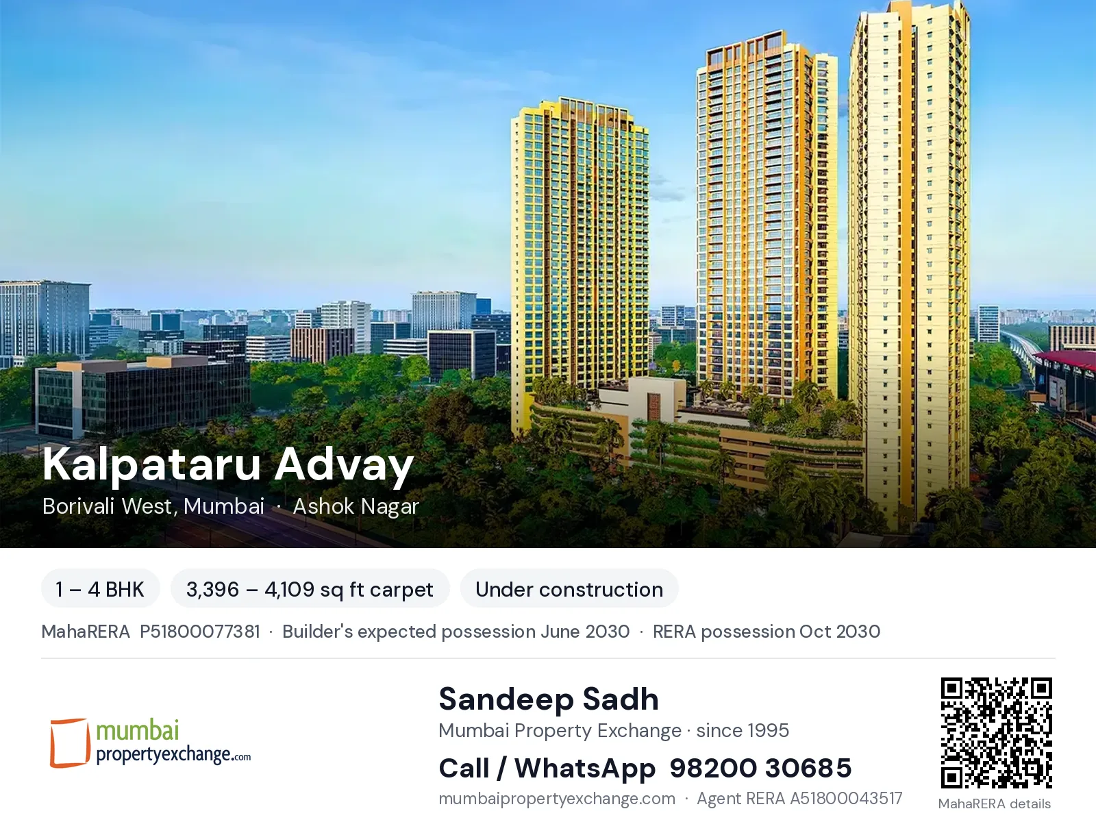 Kalpataru Advay, Borivali West, Mumbai — 1 – 4 BHK new project, builder's expected possession June 2030, RERA possession Oct 2030 | Mumbai Property Exchange, Sandeep Sadh 98200 30685