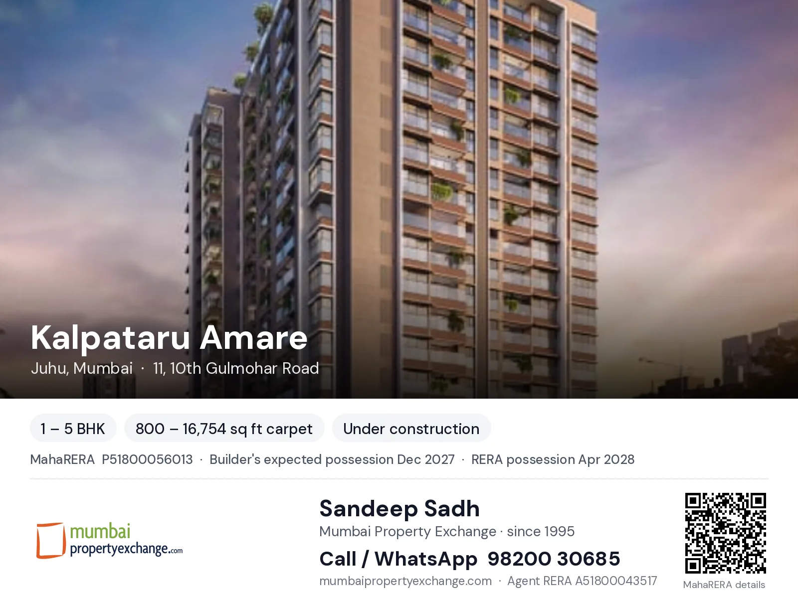 Kalpataru Amare, Juhu, Mumbai — 1 – 5 BHK new project, builder's expected possession Dec 2027, RERA possession Apr 2028 | Mumbai Property Exchange, Sandeep Sadh 98200 30685